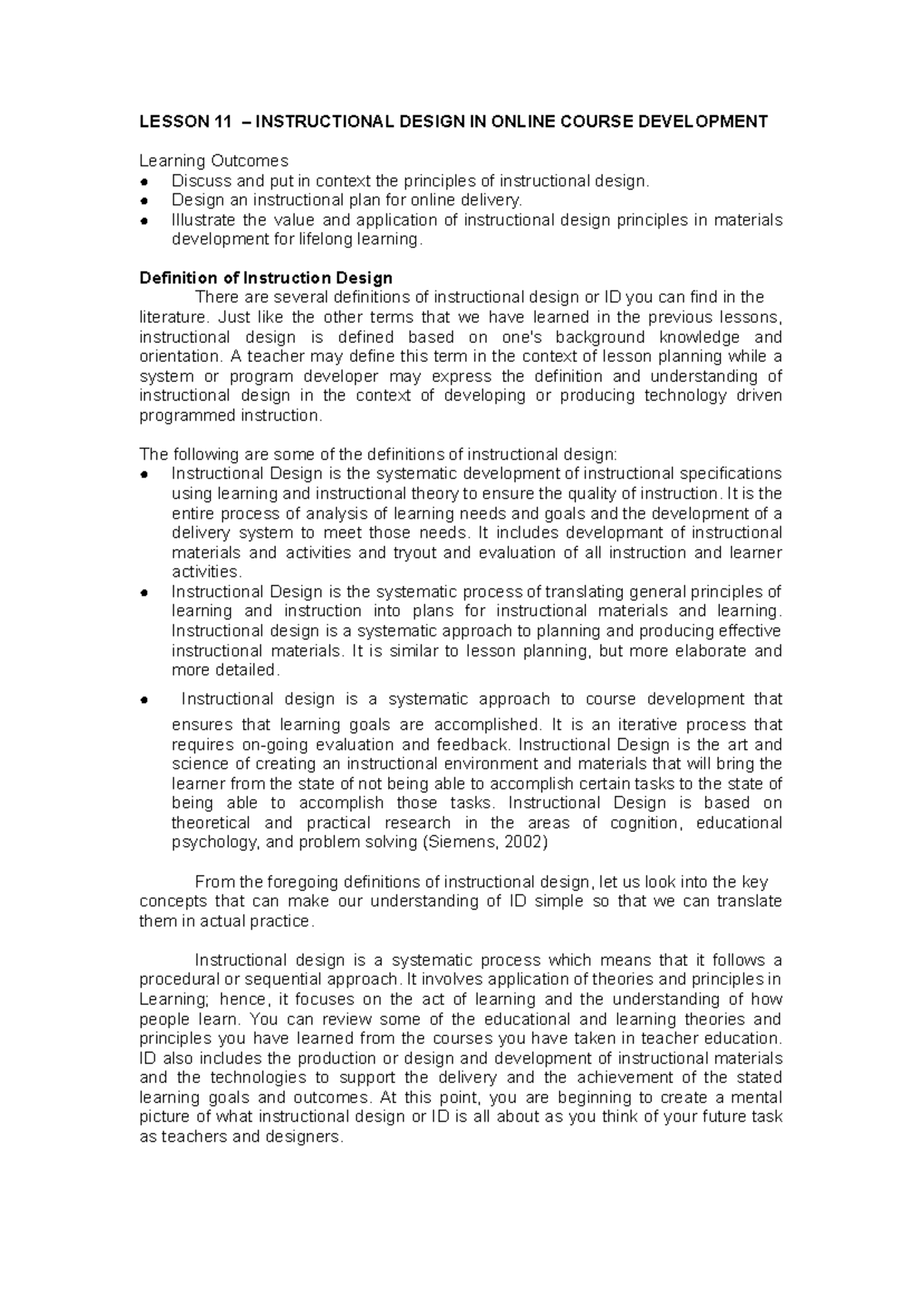 LESSON 11: INSTRUCTIONAL DESIGN IN ONLINE COURSE DEVELOPMENT - Studocu