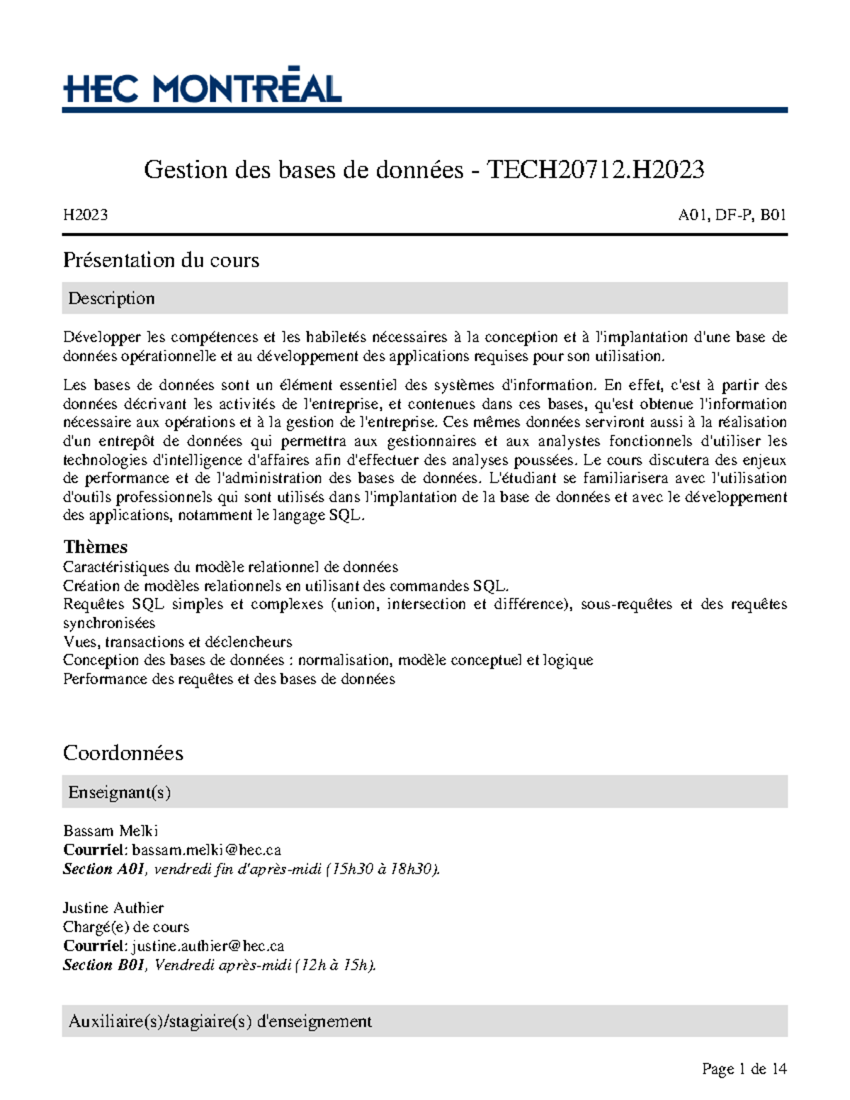 Plan de cours - Gestion des bases de données (TECH20712.H) H2023 A01 ...