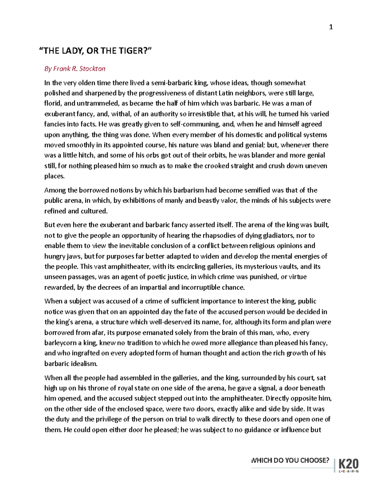 The Lady or the Tiger? Analysis and Themes (ENG 101)