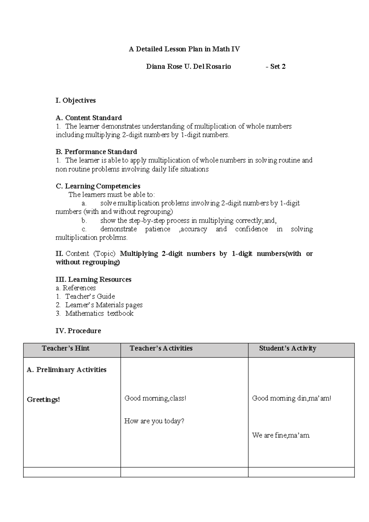 Detailed Lesson Plan for Math IV: Multiplication Techniques - Studocu