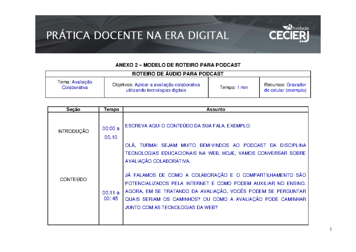 Modelo de Roteiro para Podcast sobre Avaliação Colaborativa - Studocu