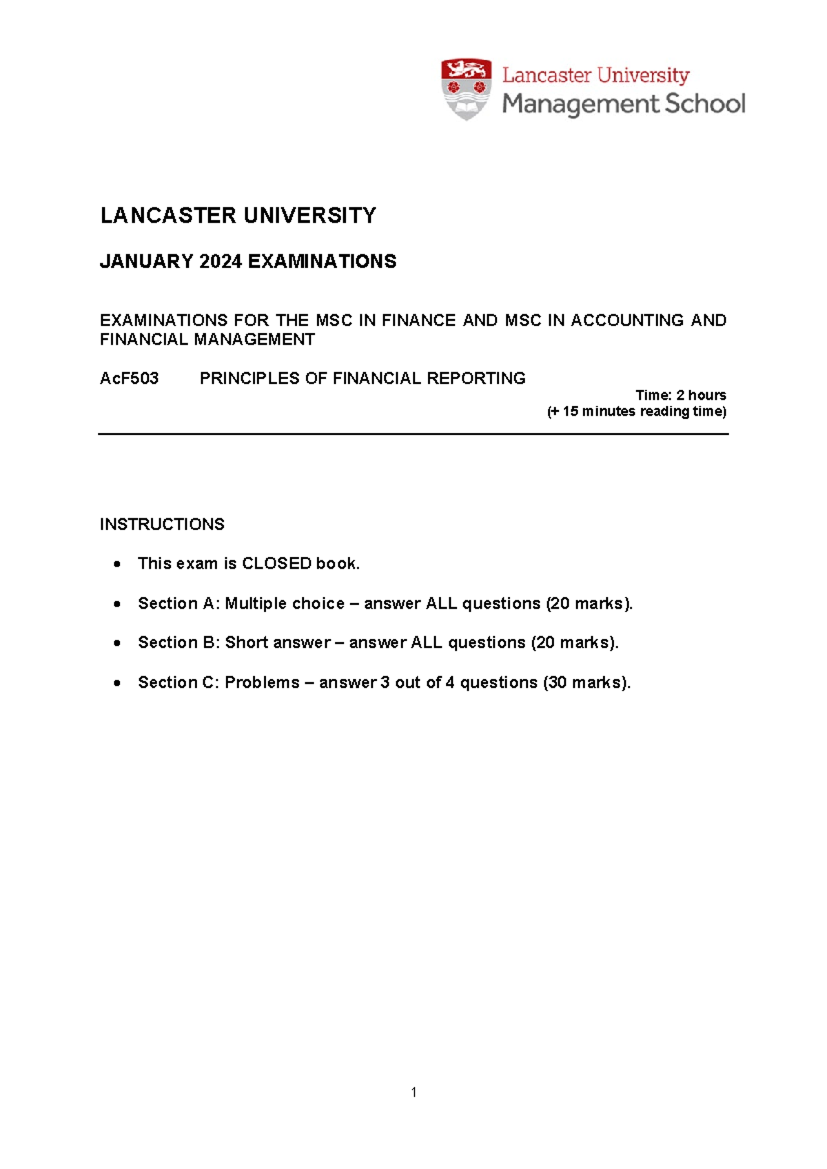 AcF503 January 2024 Final Exam - Principles of Financial Reporting ...
