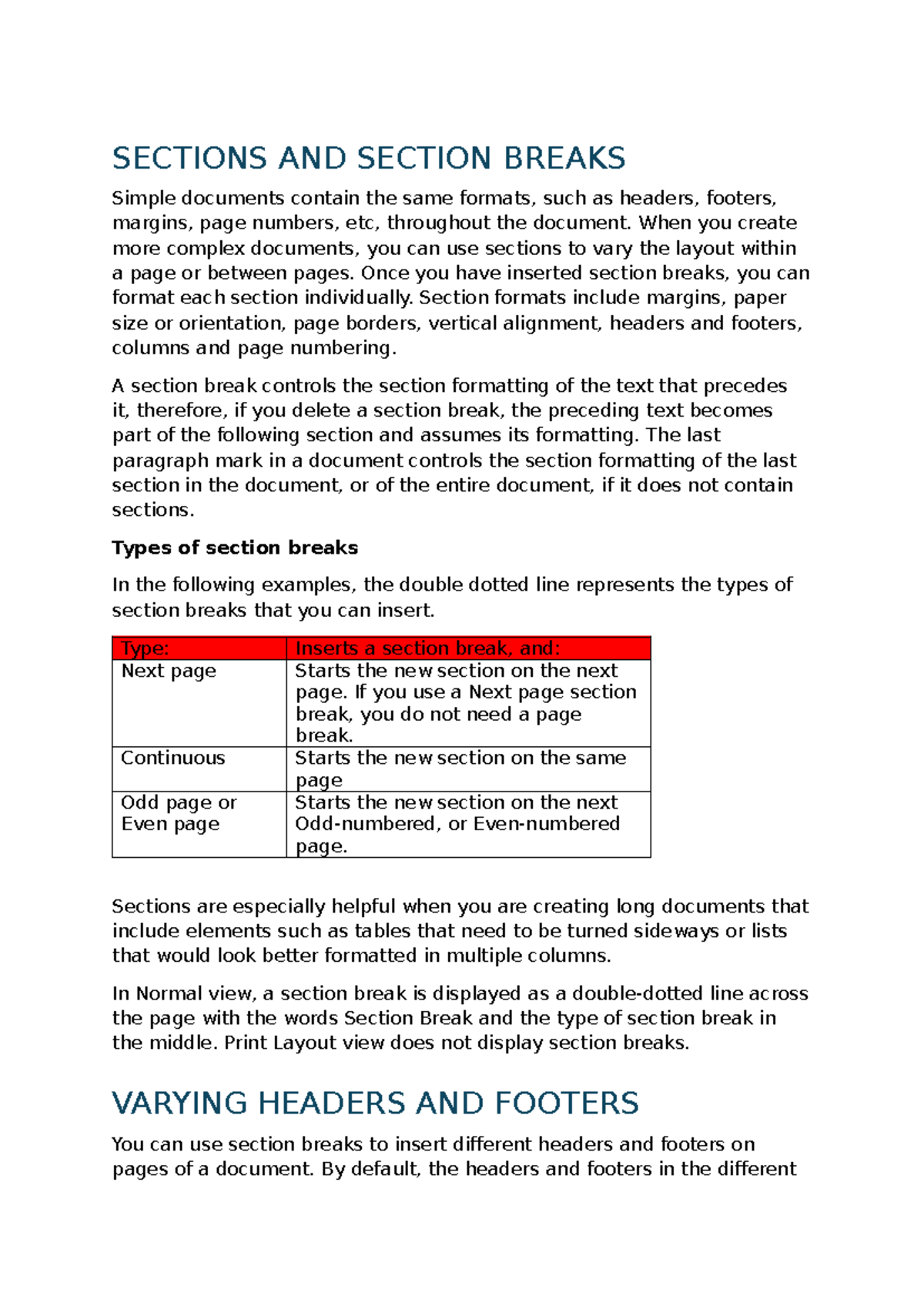 Understanding Sections & Breaks: Formatting in Word (CS101) - Studocu