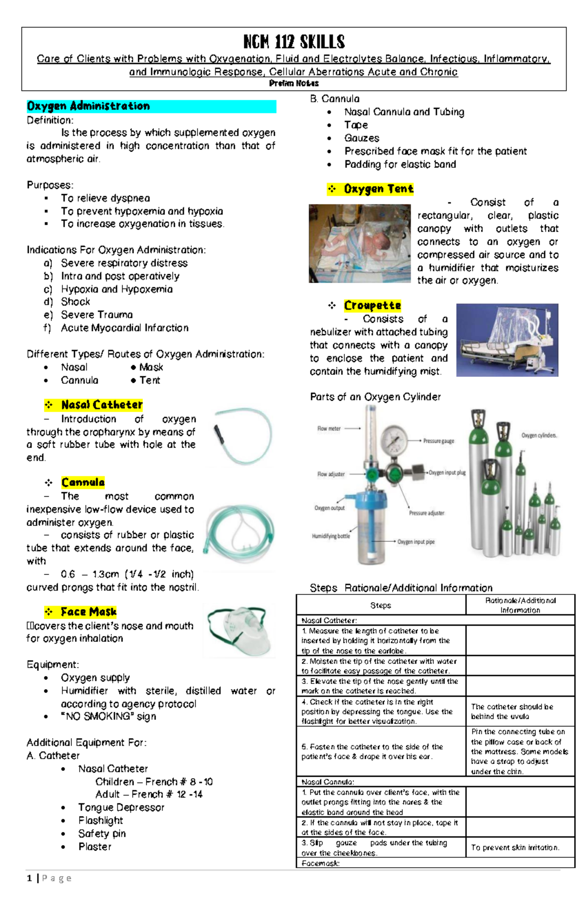 NCM 112 Skills - Prelim Notes on Oxygenation & Airway Management - Studocu