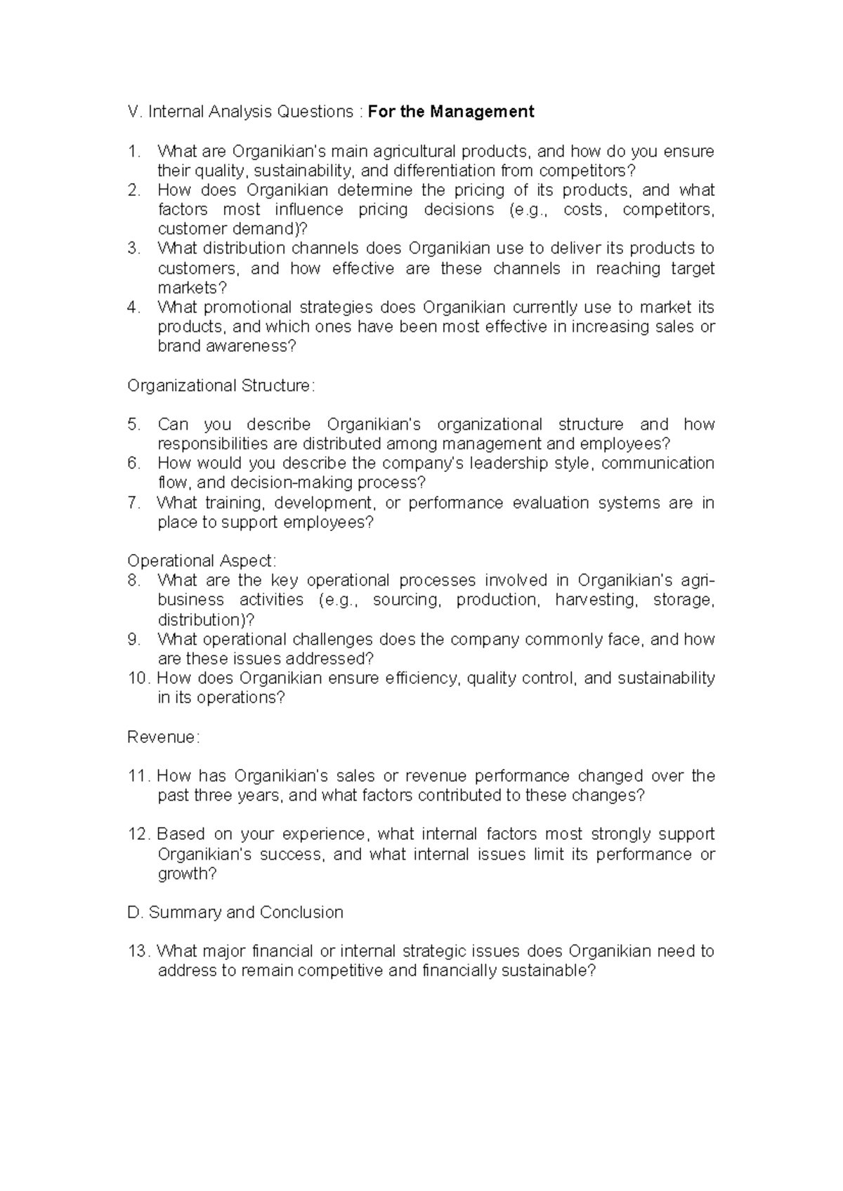 Organikian Management Analysis & Employee Questionnaire (MGT 101) - Studocu
