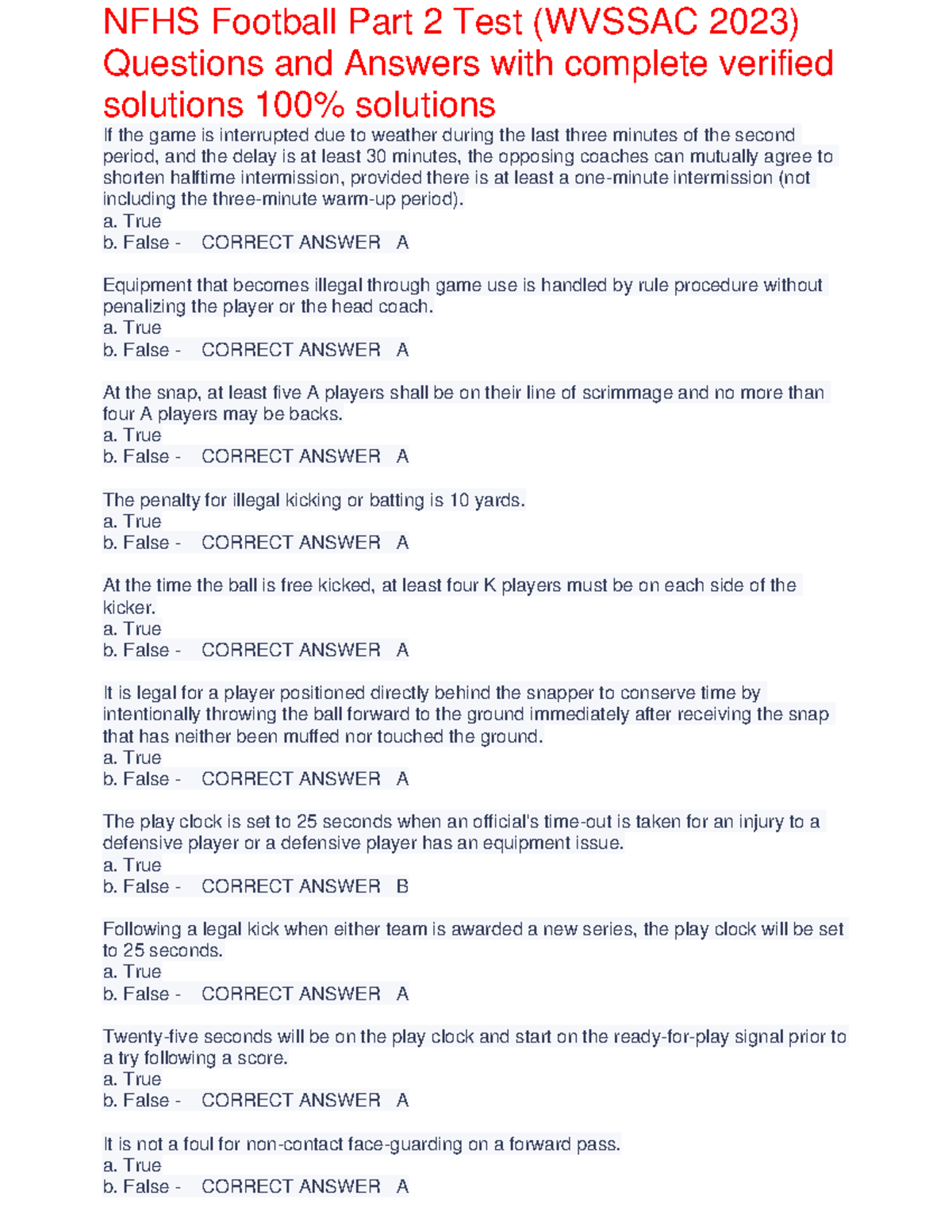 NFHS Football Part 2 Test (WVSSAC 2023) Q&A with Verified Solutions ...
