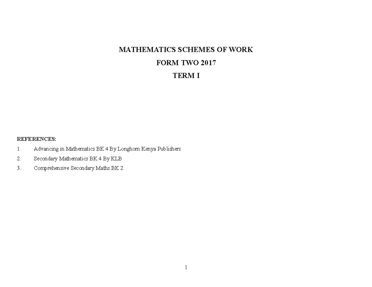 Mathematics Scheme Form 2 - Sample Practice Exercises for 2017 - Studocu