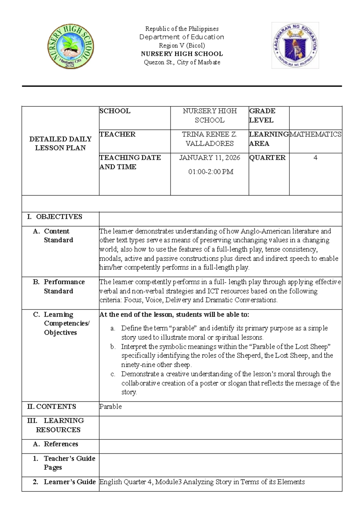 DLP: Nursery High School Lesson Plan on Parable of the Lost Sheep - Studocu
