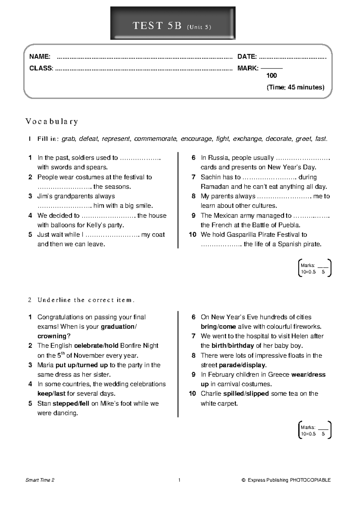 Smart Time 2 TEST 5B (Unit 5) - Vocabulary, Grammar, Reading ...
