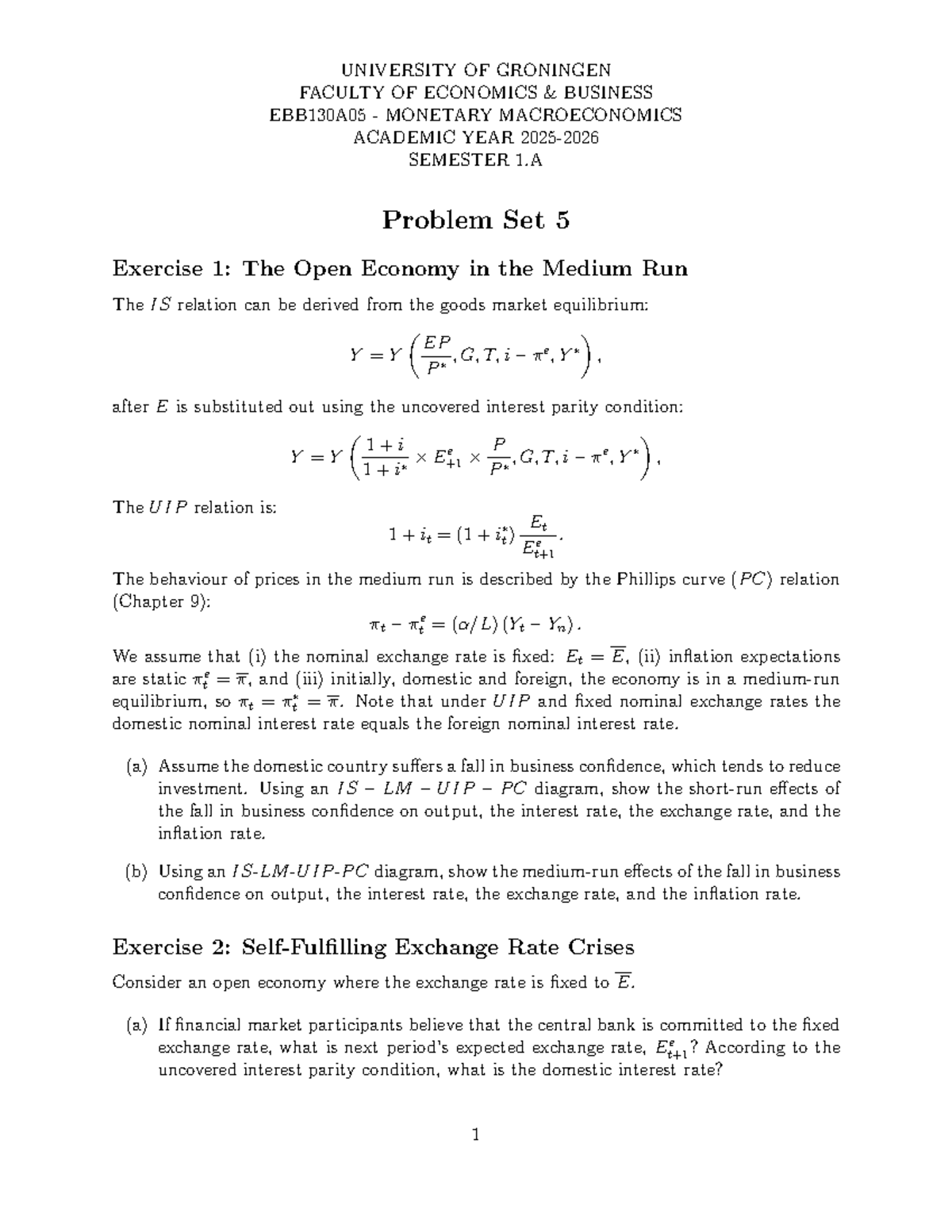 EBB130A05 Monetary Macroeconomics Problem Set 5: Open Economy Analysis ...