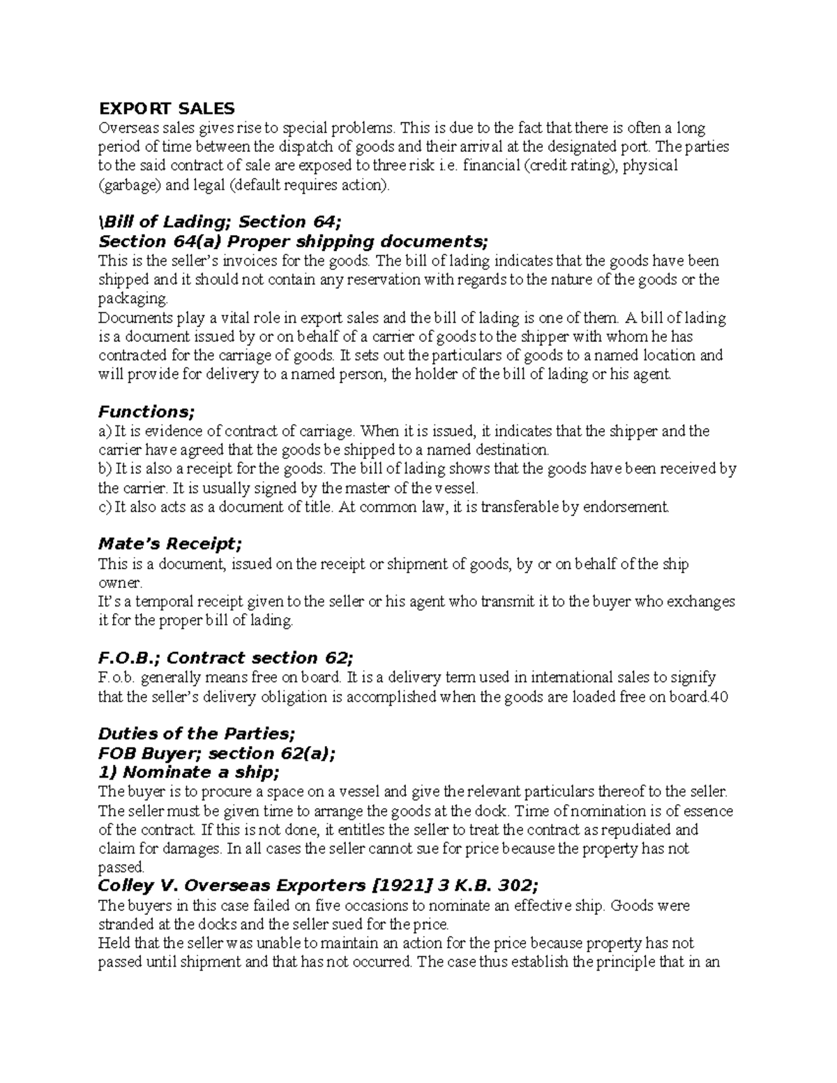 Export Sales: Key Notes on Shipping Documents & Contractual Risks - Studocu