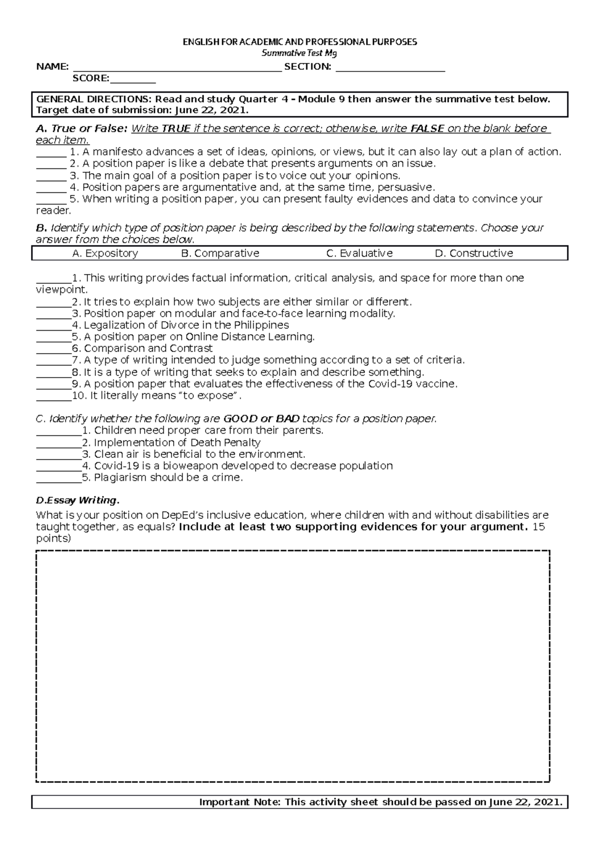 Eapp summative Test module 9 - module 11 - ENGLISH FOR ACADEMIC AND ...