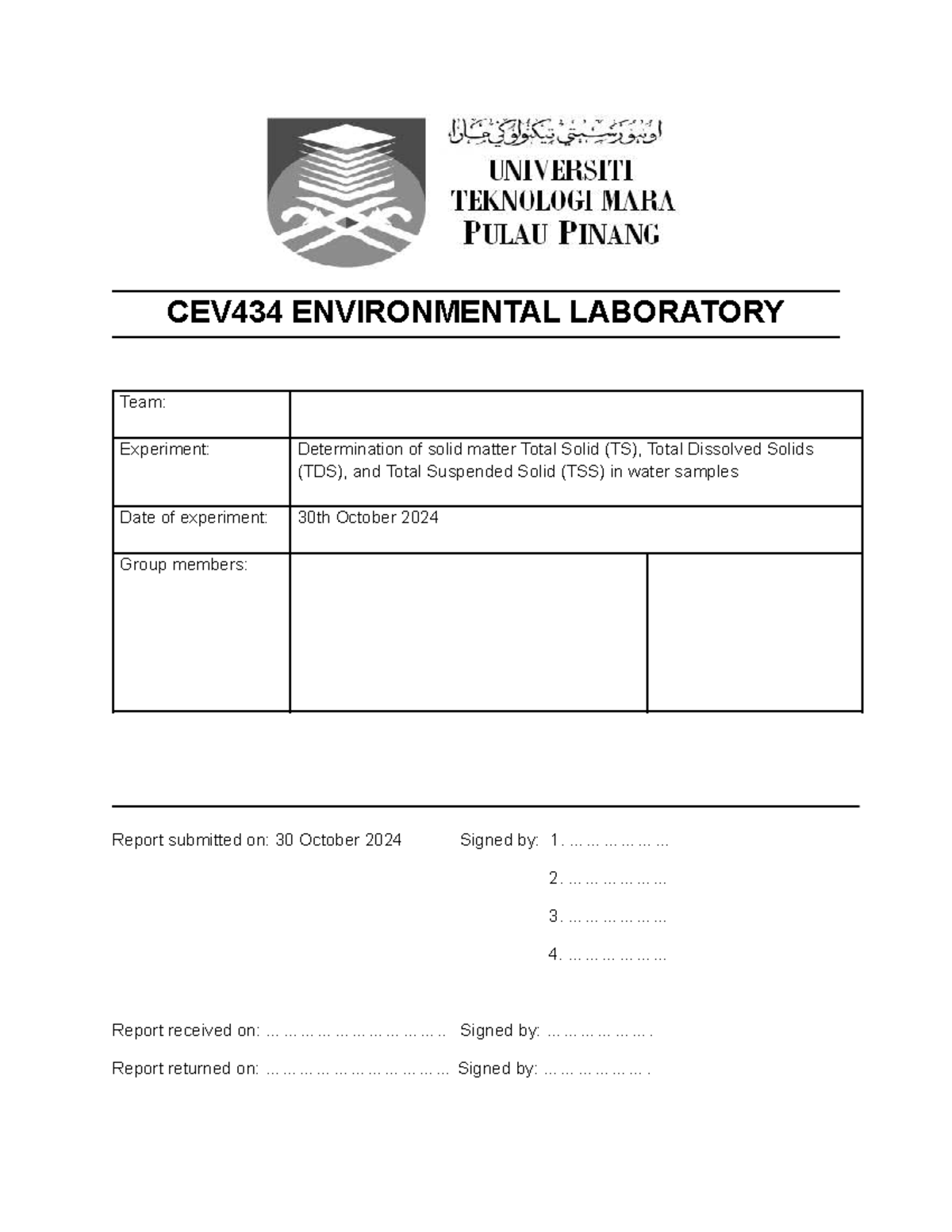CEV434 Environmental Lab Report: TS, TDS, and TSS Analysis - Studocu