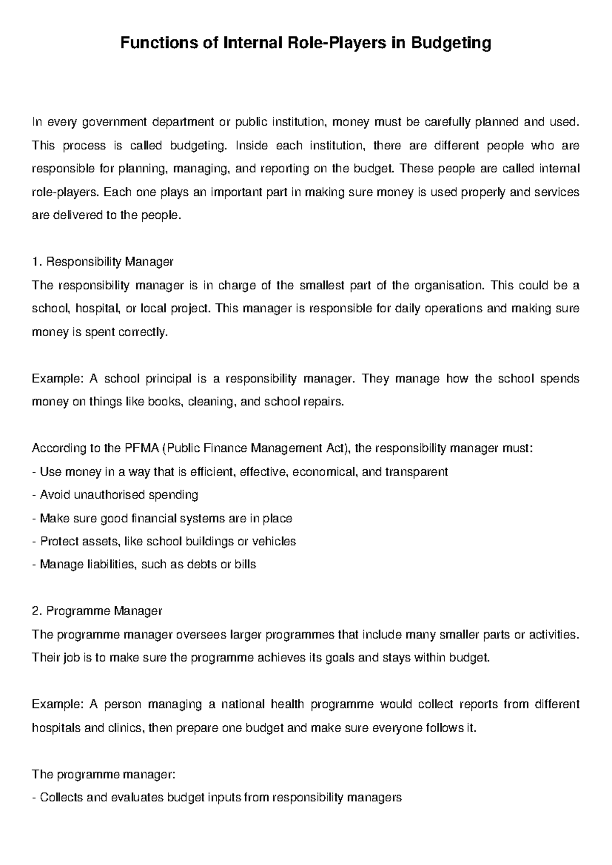 Internal Role Players in Budgeting: Functions & Responsibilities - Studocu
