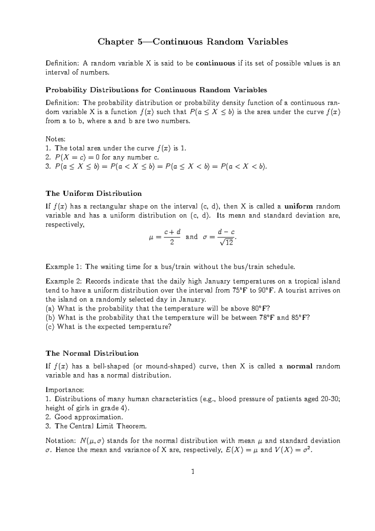 106 Chapter 5 - Continuous Random Variables Overview and Notes - Studocu