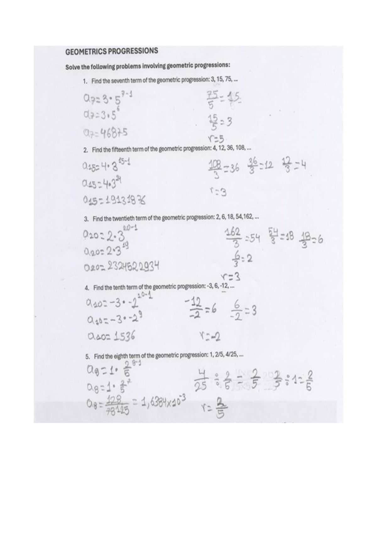 GEOMETRIC PROGRESSIONS Exercises and Solutions - Studocu