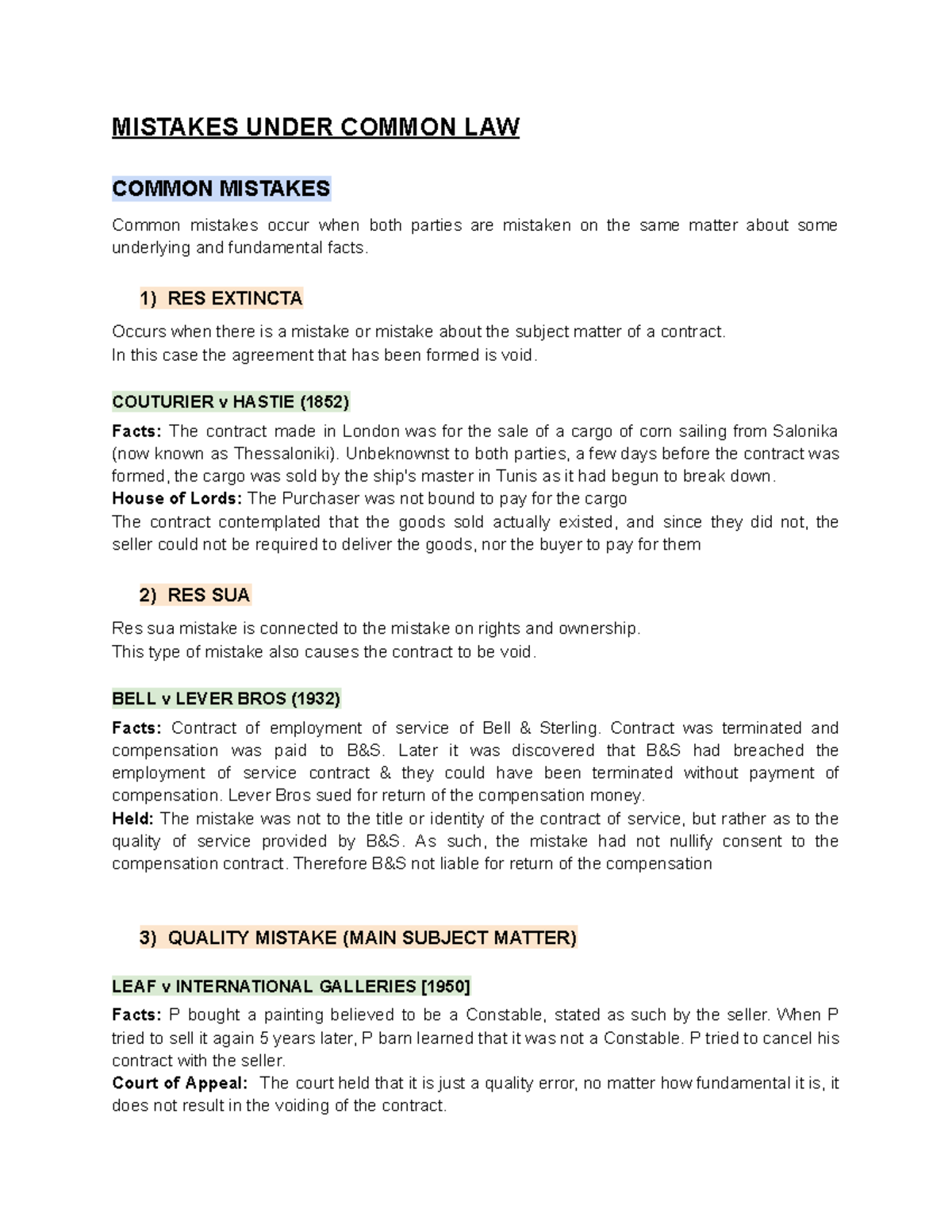 MISTAKES IN CONTRACT LAW: COMMON LAW PRINCIPLES & CASES - Studocu
