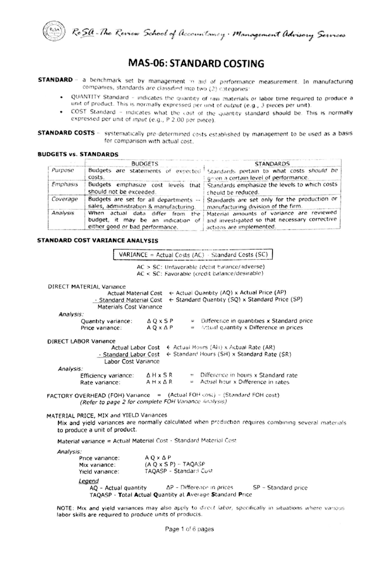 MAS 06 - standard costing - BS accountancy - Studocu