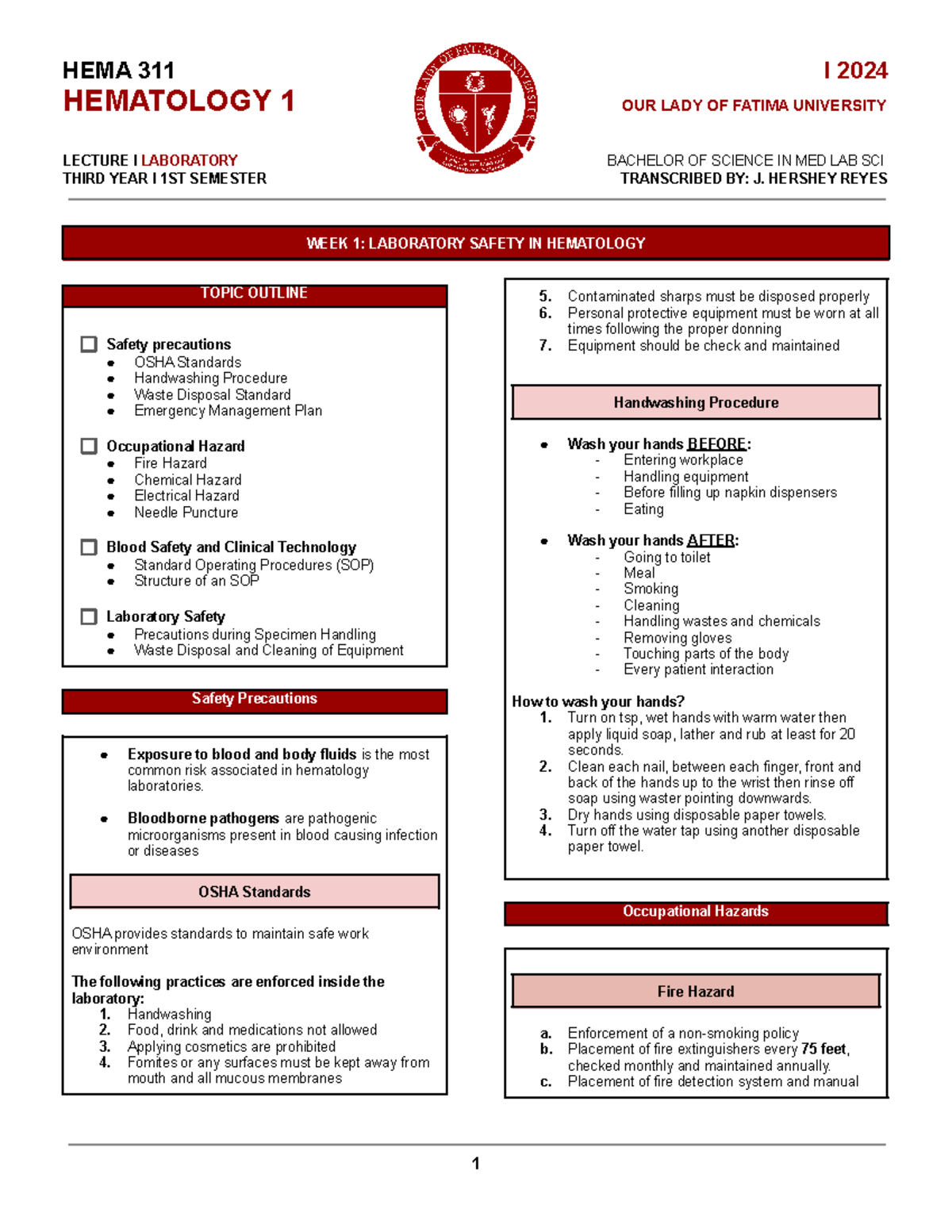 HEMA 311 I 2024 HEMATOLOGY 1 LECTURE & LAB NOTES - WEEKLY OUTLINES ...