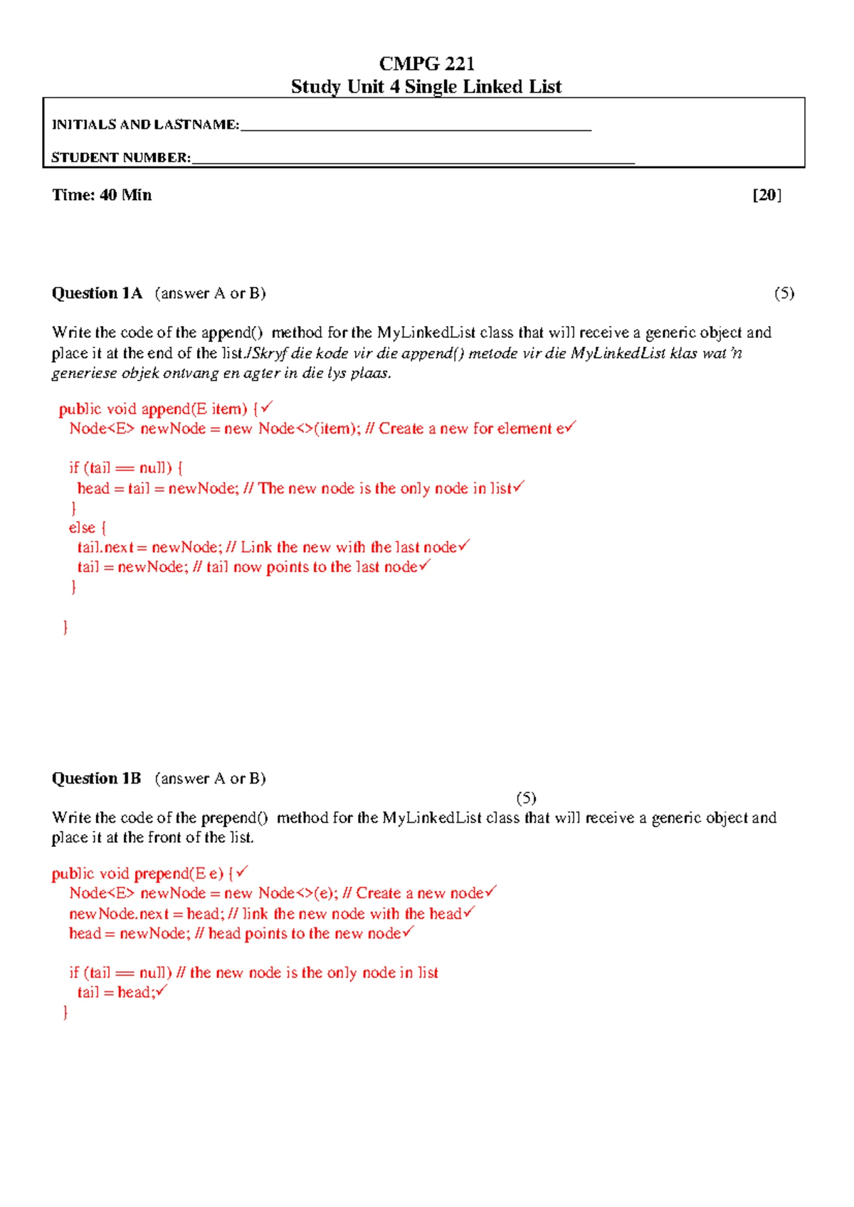 CMPG 221 Class Test 3 Memo: Data Structures Practice Q&A - Studocu