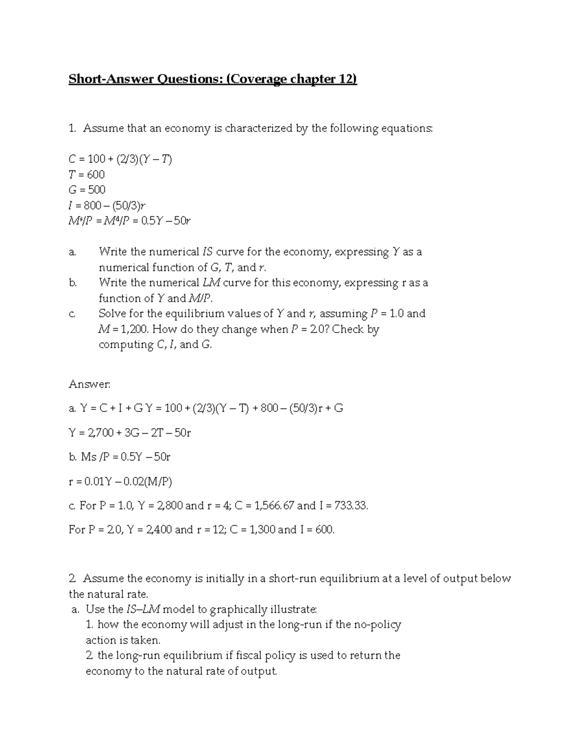Sample Short Answer Questions for Econ 101 - Ch 7 Analysis - Studocu