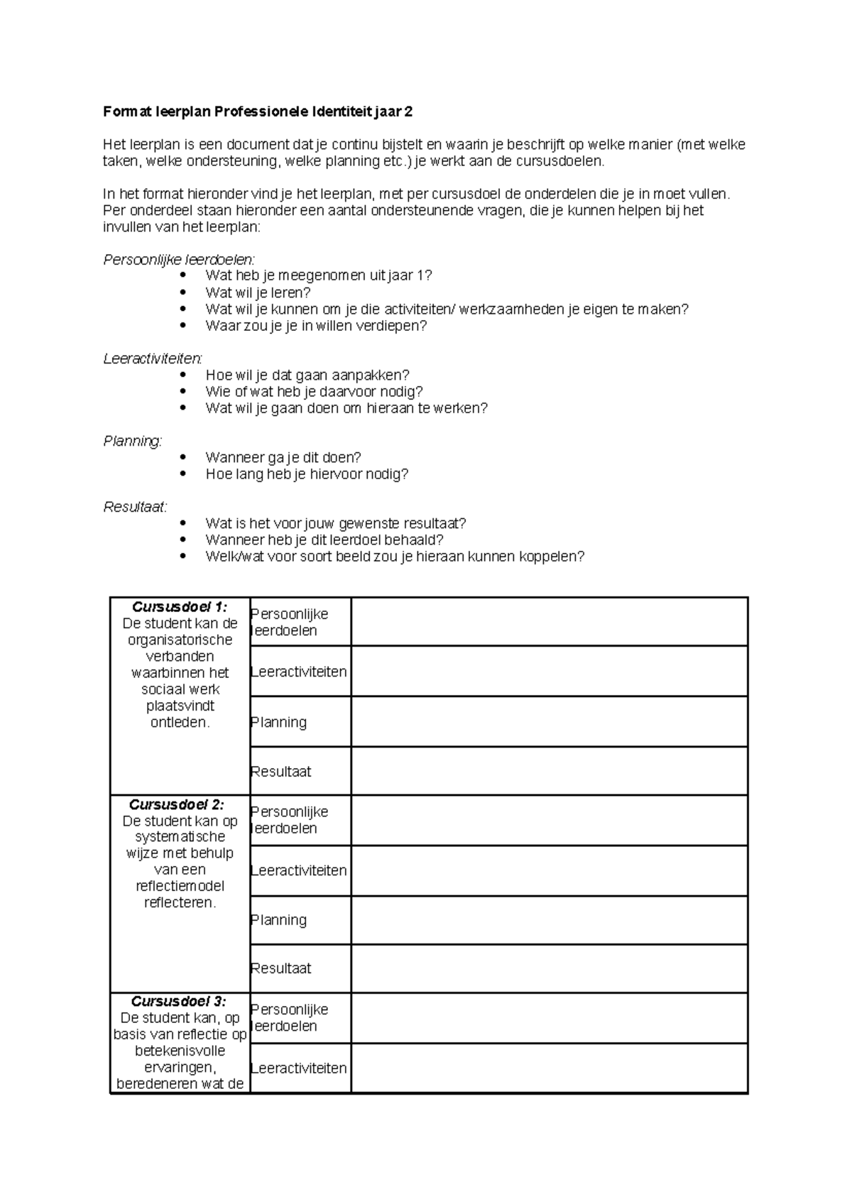 Format Leerplan Professionele Identiteit Jaar 2: Cursusdoelen en ...