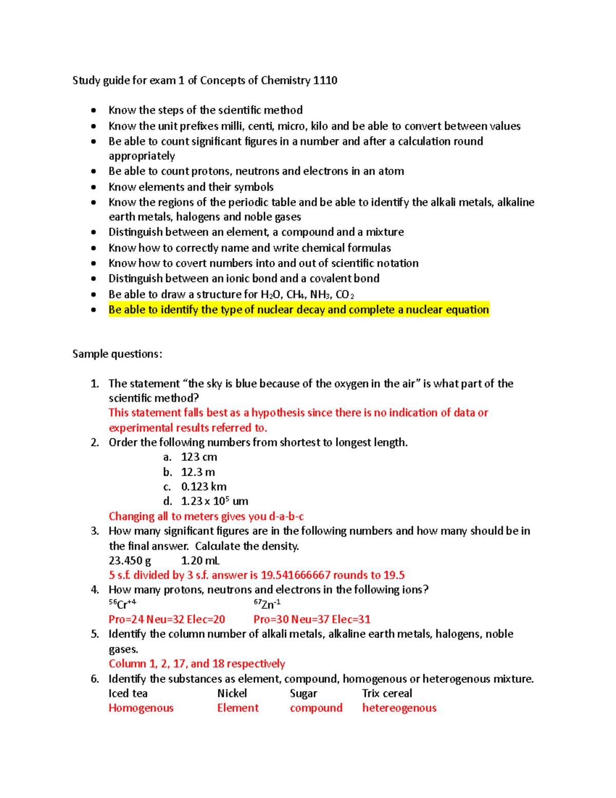 Chemistry 1110 Study Guide for Exam 1: Key Concepts & Examples - Studocu