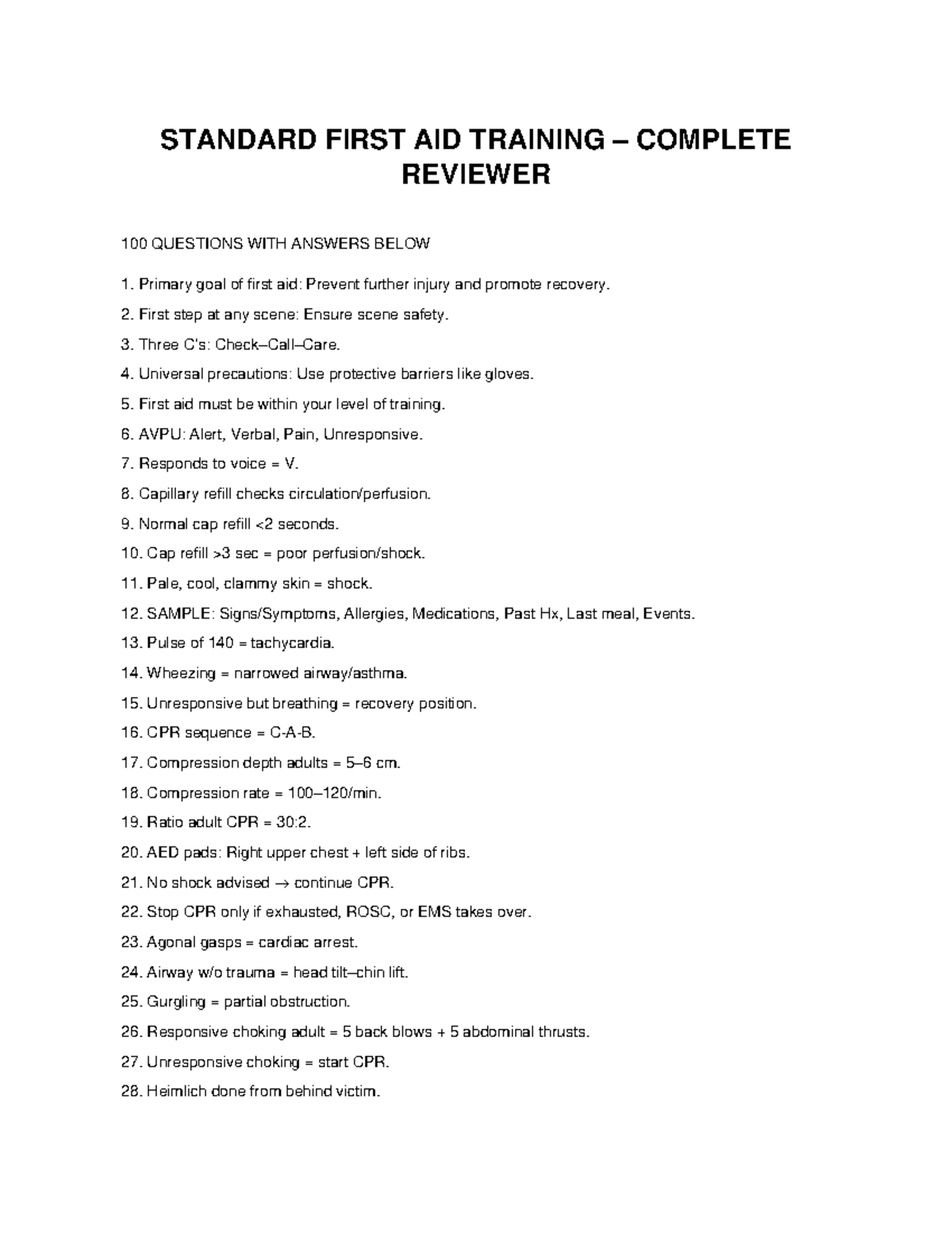Standard First Aid Training Reviewer: 100 Q&A Guide - Studocu