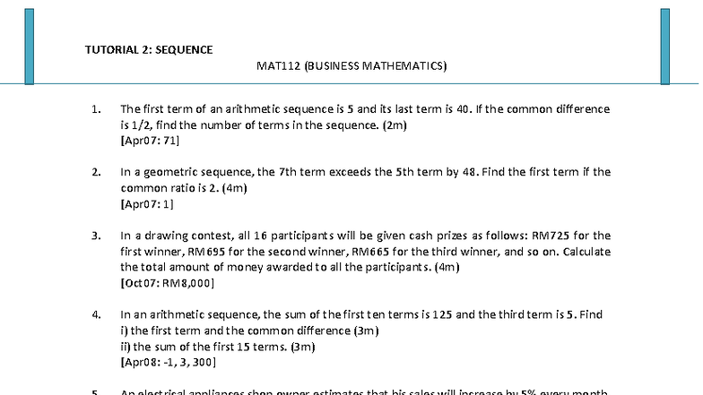 Tutorial 2: Sequences in Business Mathematics MAT112 - Studocu