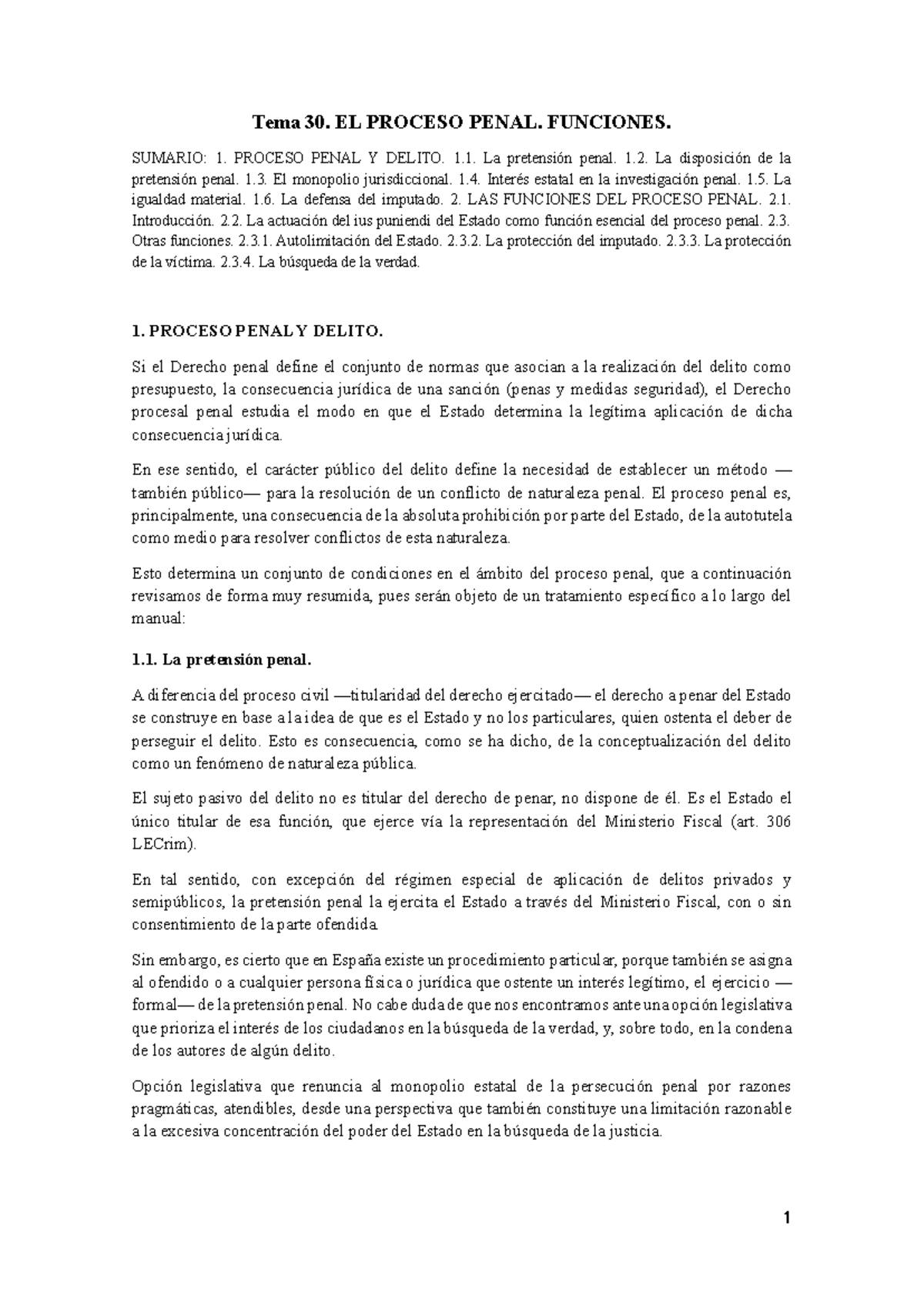 Tema 30: Proceso Penal y Funciones Esenciales en el Derecho - Studocu