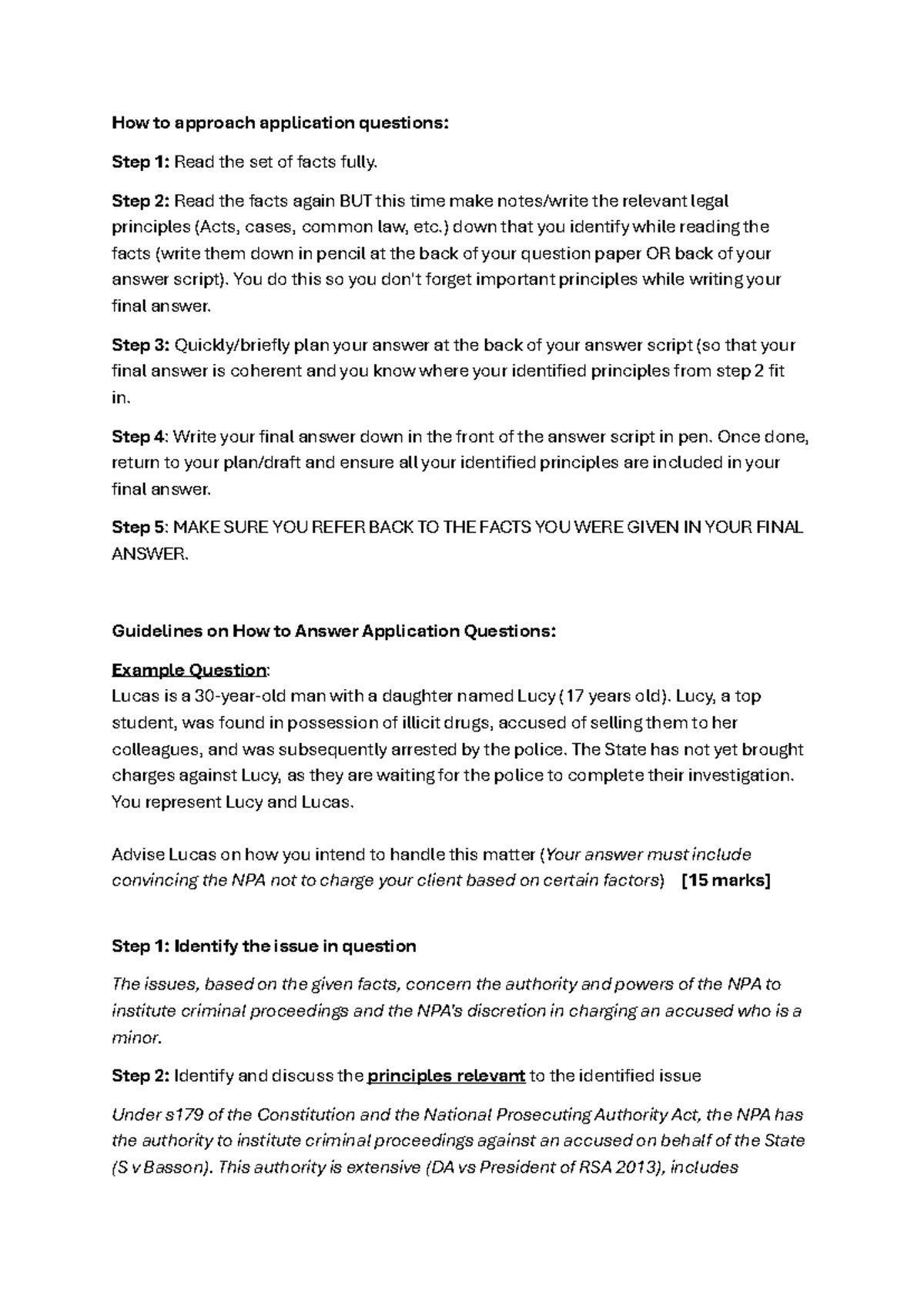 Guidelines for Answering Application Questions in Law (Course Code ...