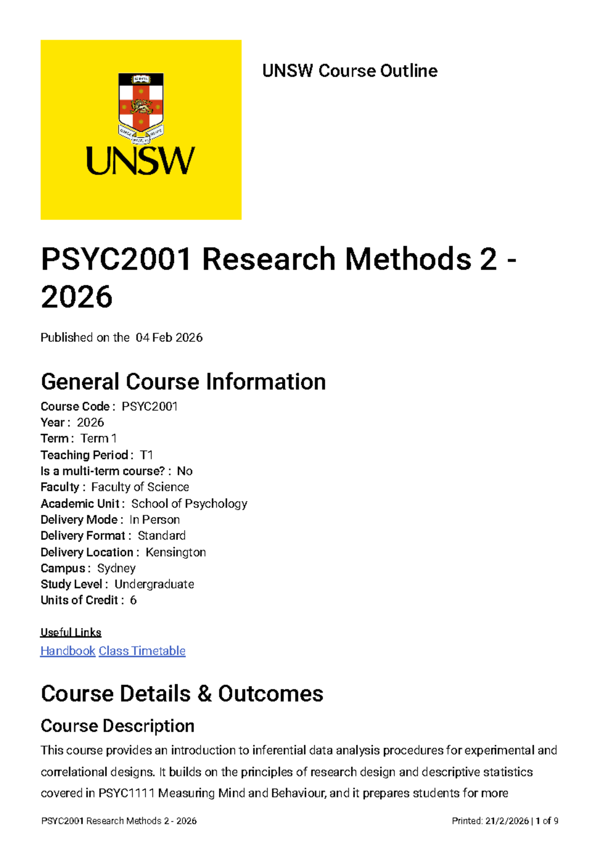 PSYC2001 Research Methods 2 Course Outline - Term 1, 2026 - Studocu