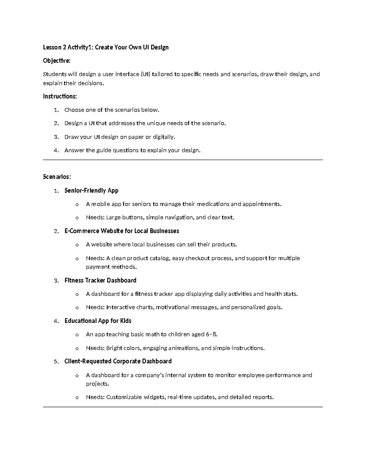 HCI Activity Lesson 2: UI Design Scenarios and Instructions - Studocu