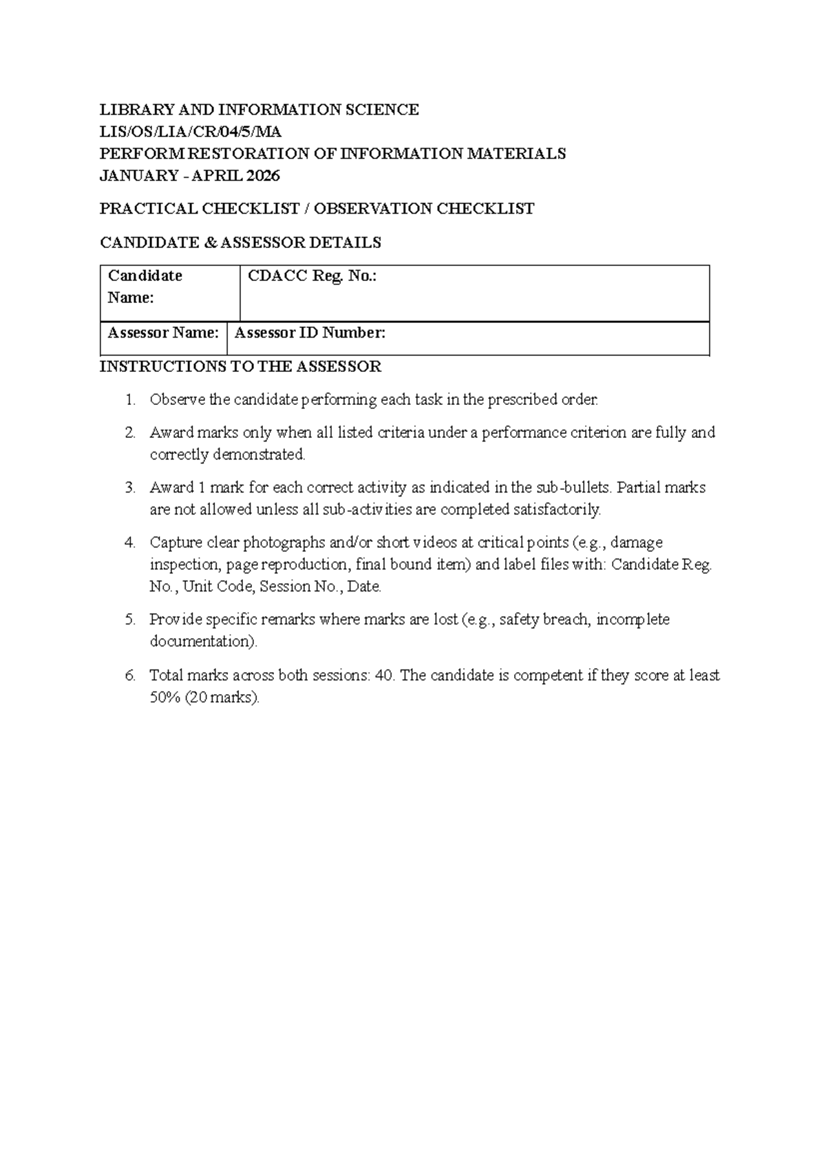 LIBRARY AND INFORMATION SCIENCE (LIS) PRACTICAL 2 OBSERVATION CHECKLIST ...