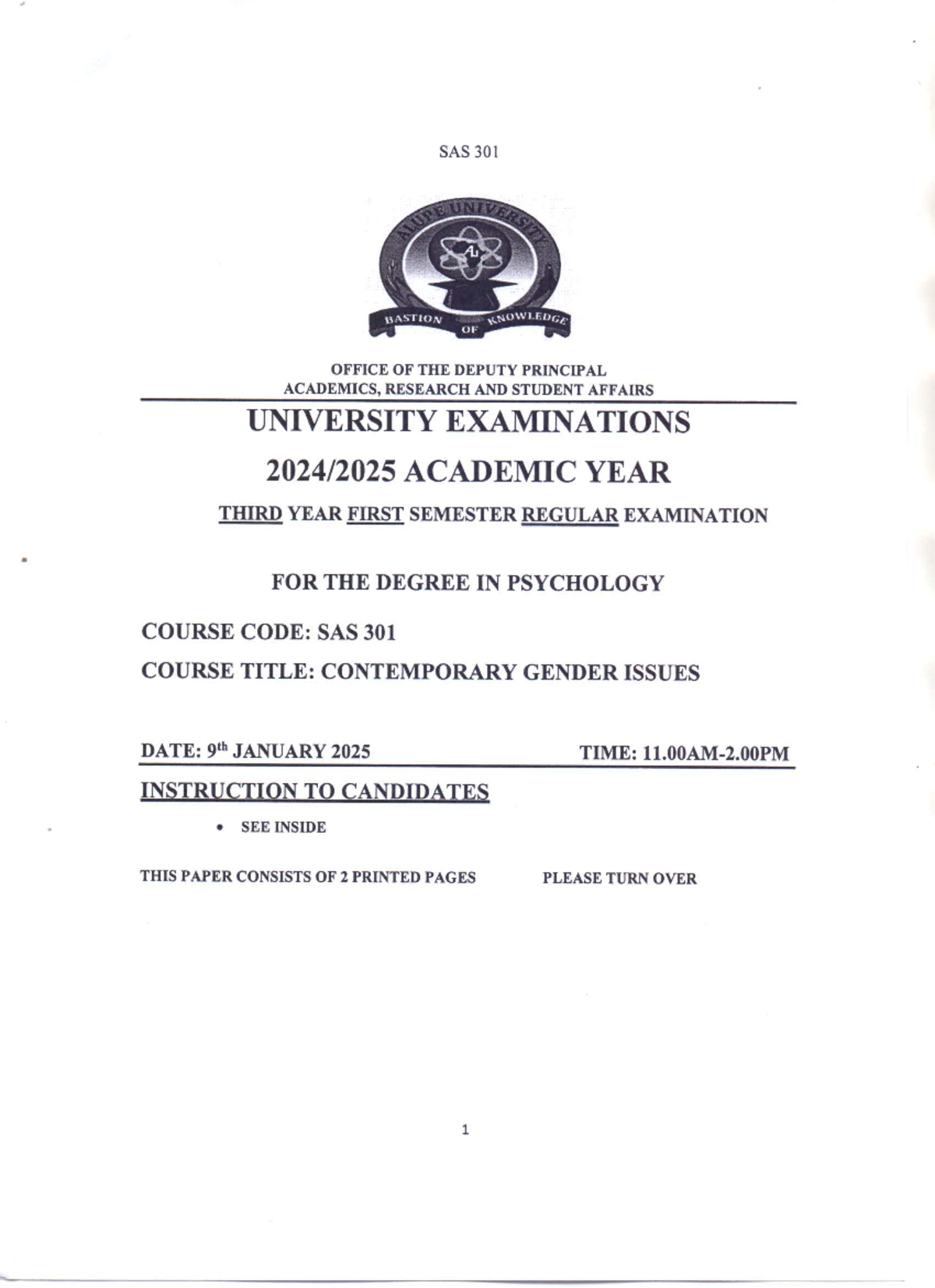 SAS 301 Final Exam Paper: Contemporary Gender Issues 2025 - Studocu
