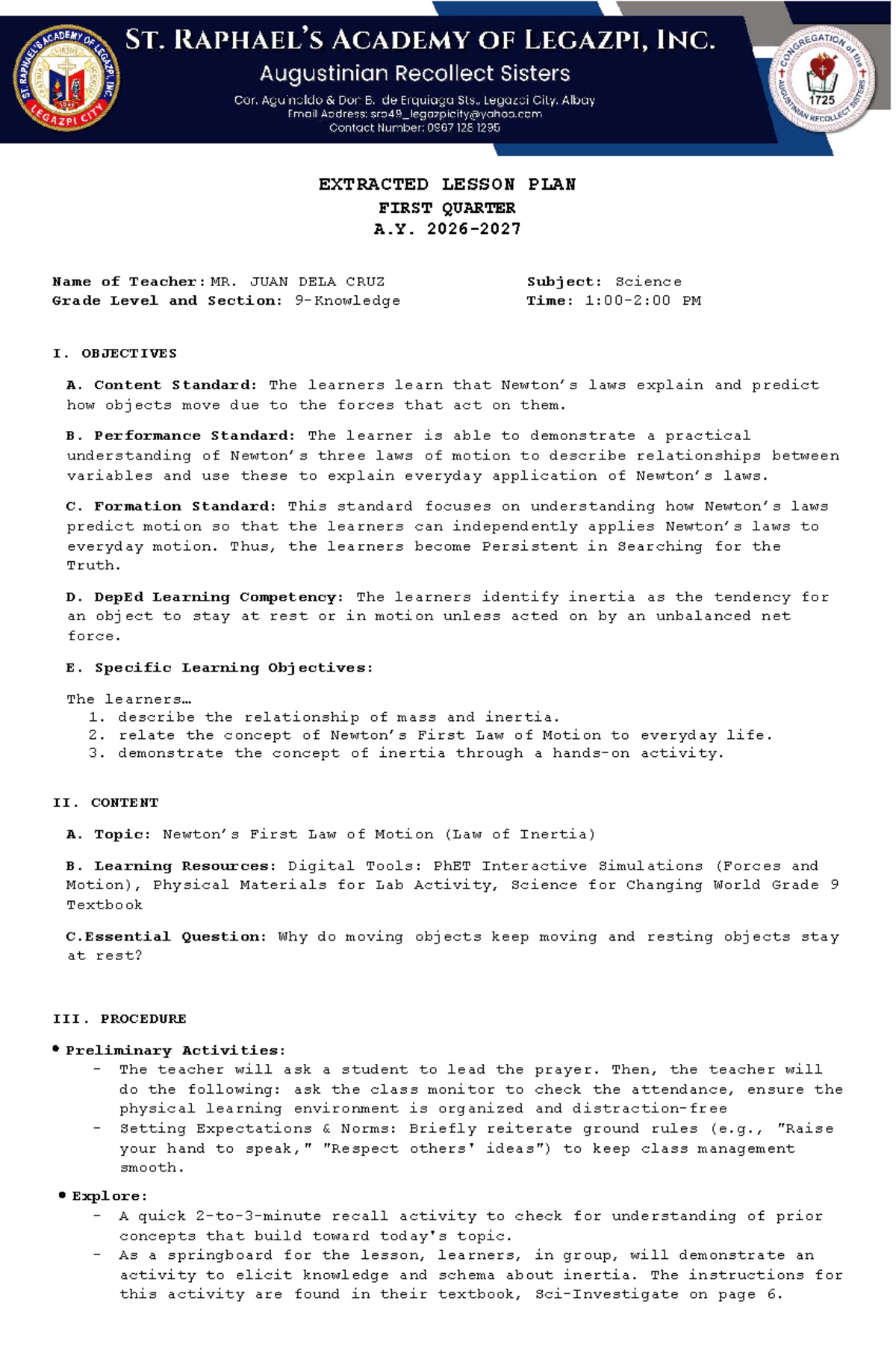 Extracted Lesson Plan: First Quarter Science (Grade 9) - Studocu