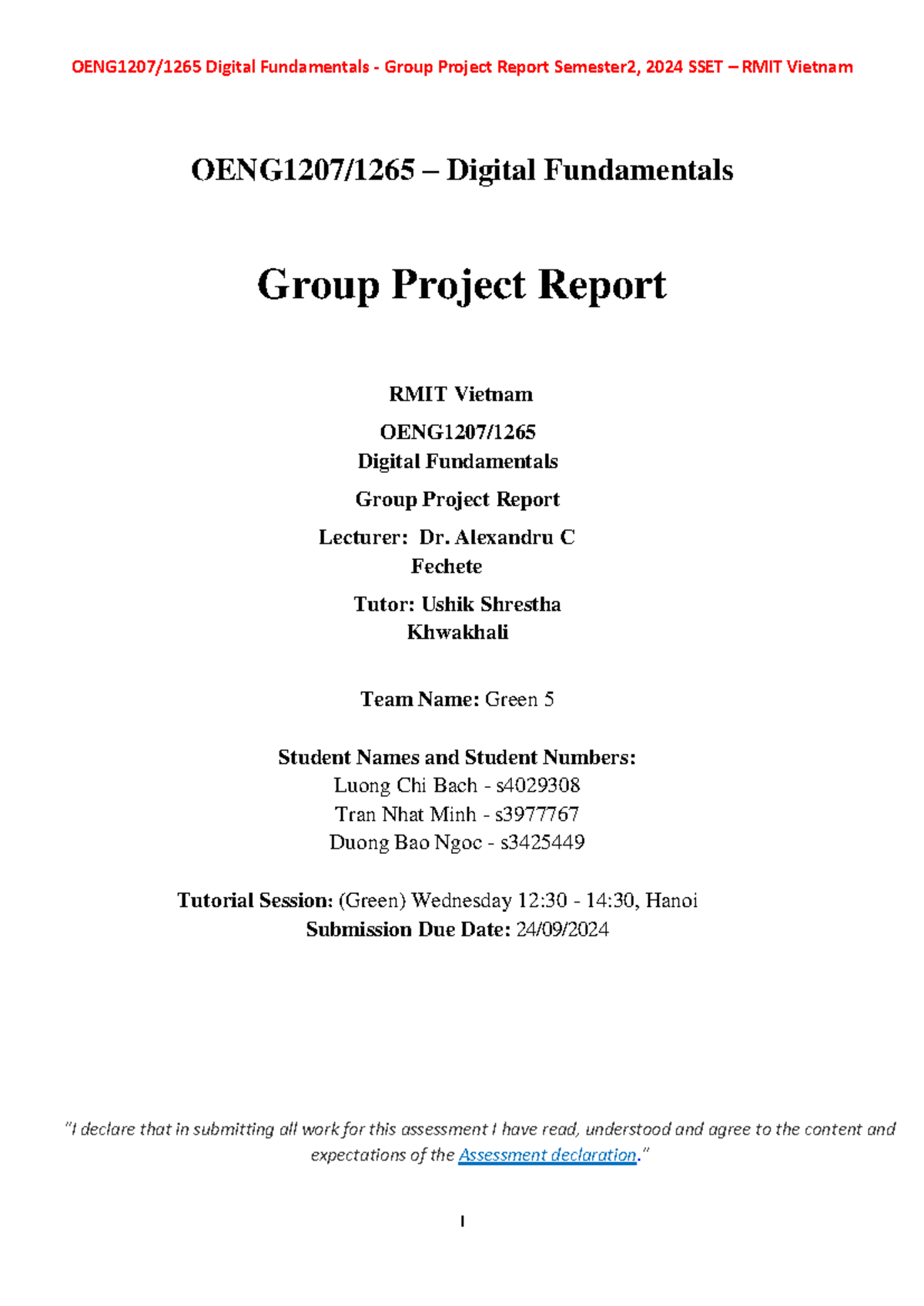 OENG1207/1265 Digital Fundamentals - Group Project Report S2 2024 - Studocu