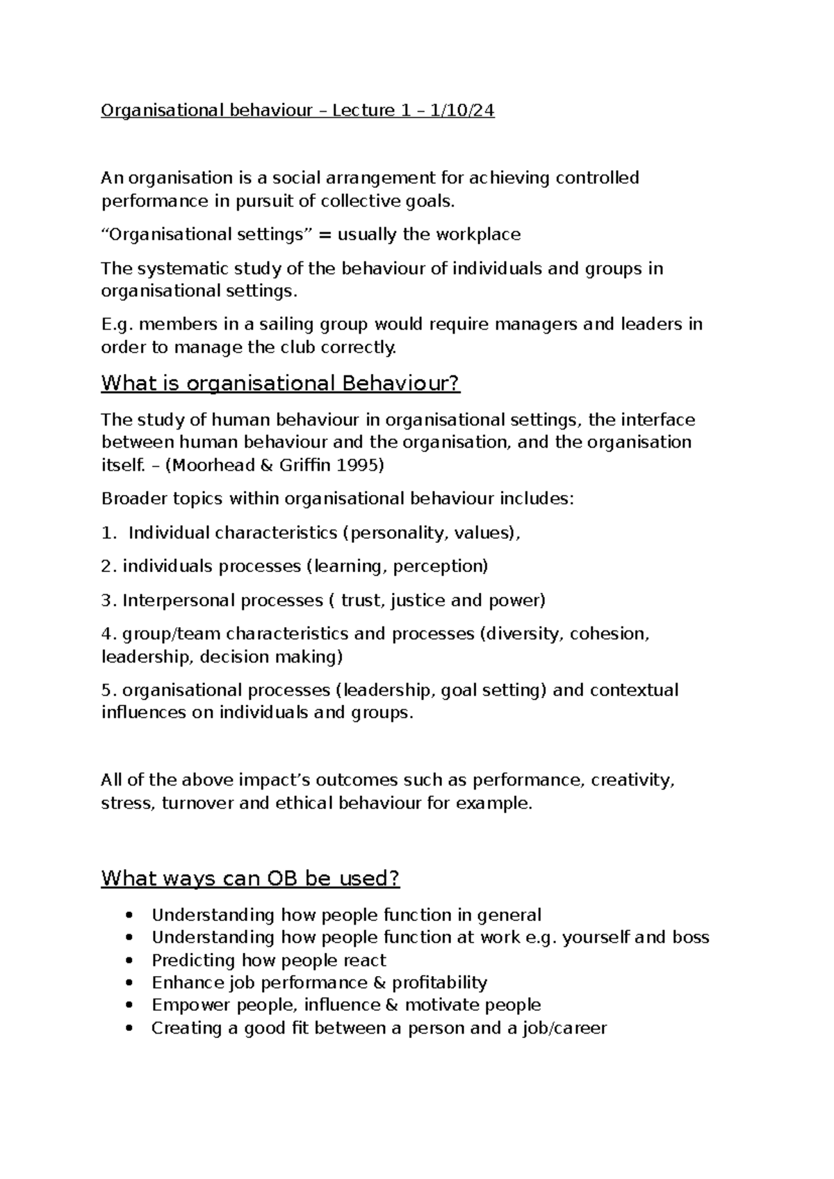 Organisational Behaviour Lecture 1: Understanding Human Dynamics in ...