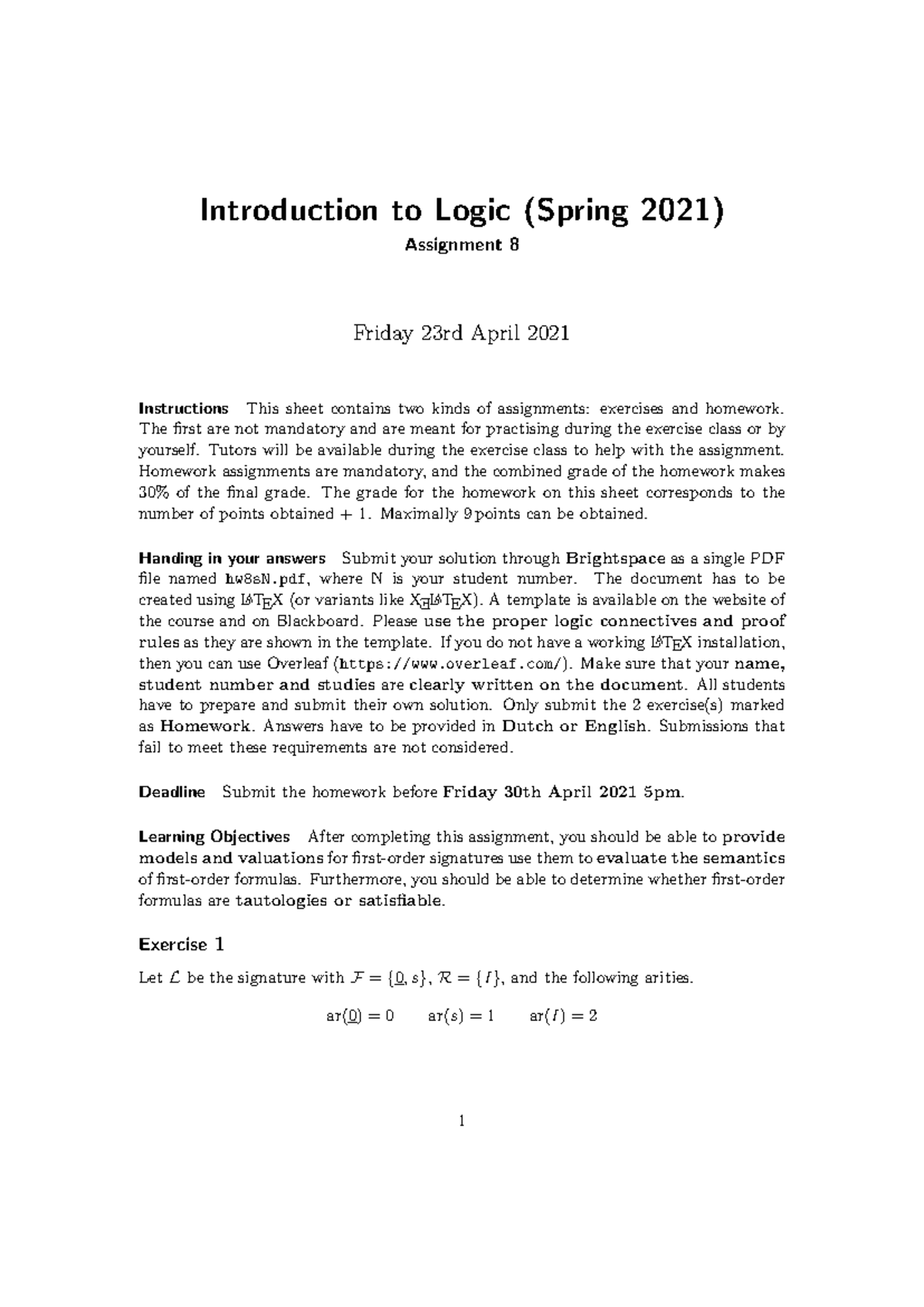 Introduction to Logic Exam Example with Full Solutions (Spring 2021 ...