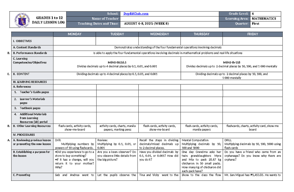 DLL Mathematics 6 Q1 W8 - Daily Lesson Log on Decimals - Studocu