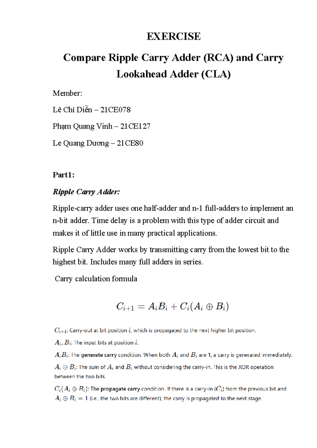 Bt CE104 Ripple vs. Carry Lookahead Adder Comparison and Code - Studocu