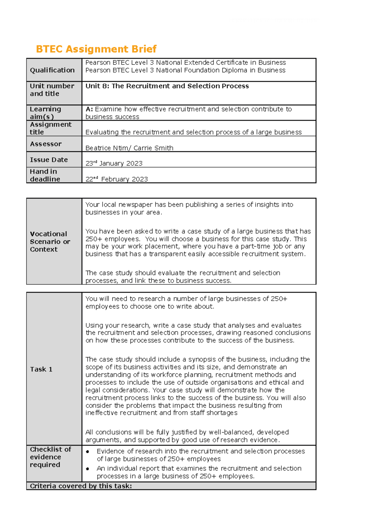 Unit 8 Recruitment and Selection Assignment 1 of 2 - BTEC Assignment ...