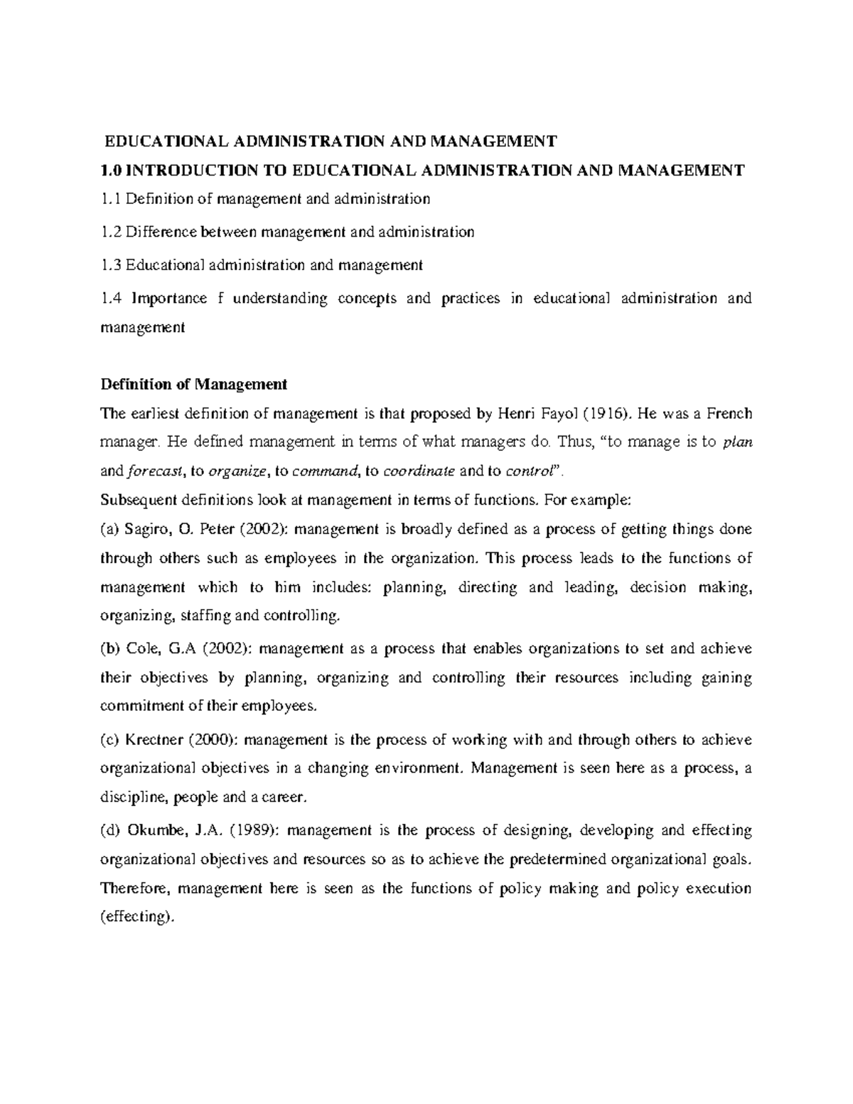 EAP 402: Educational Administration & Management Notes Analysis - Studocu