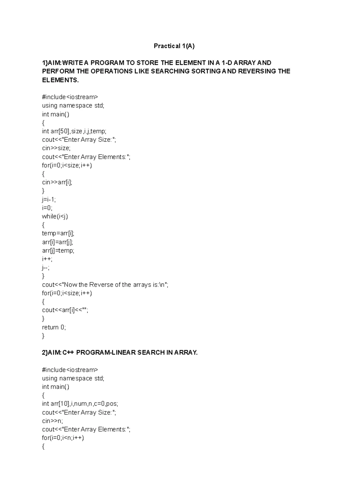 DS (practical) - Implement the following 1.A] Write a program to store ...