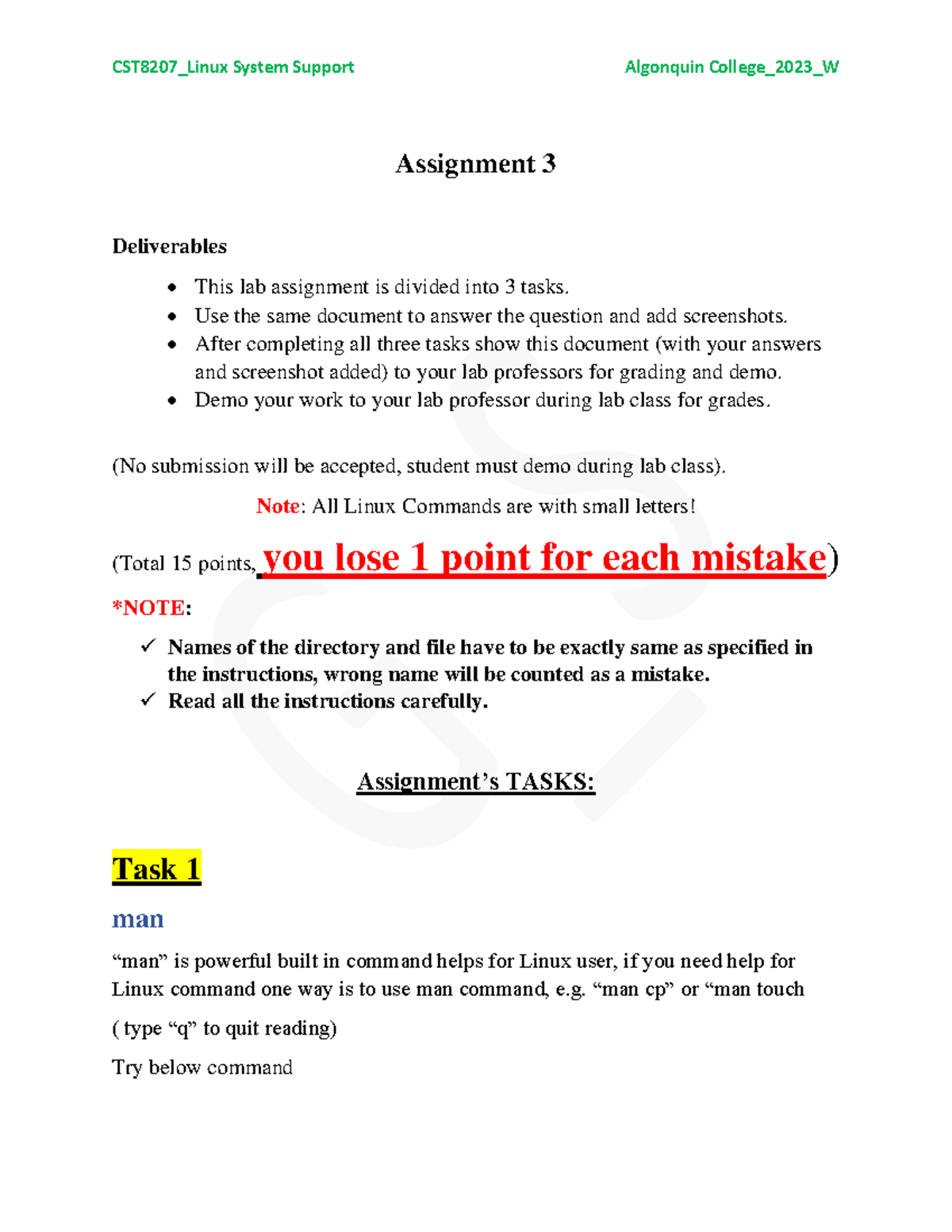 Assignment 3 23W: Linux Commands & Directory Structure Tasks - Studocu