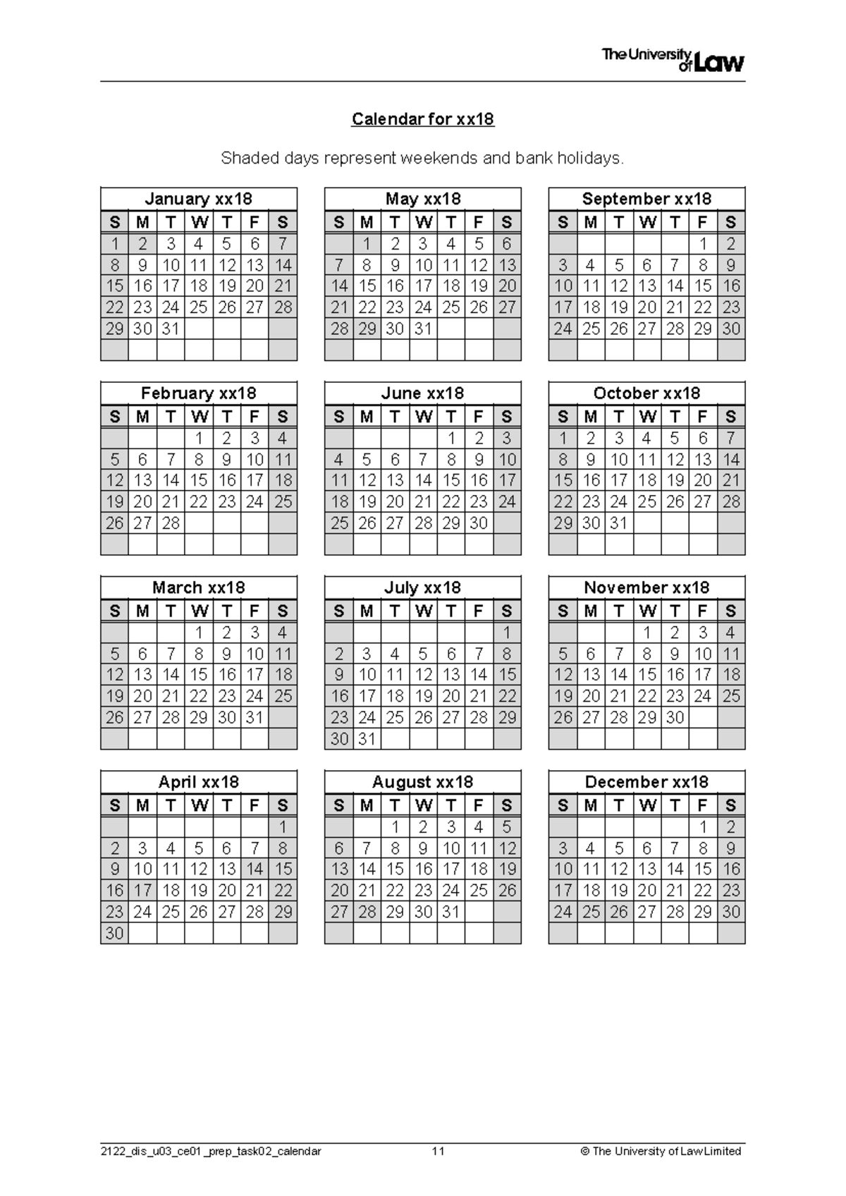 2122 dis u03 ce01 prep task02 calendar - Shaded days represent weekends ...