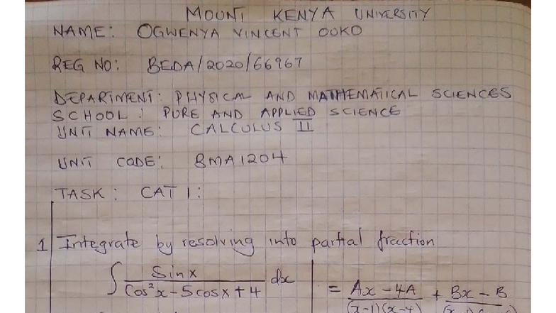 Calculus 2 CAT 1: Partial Fraction Integration Techniques - Studocu