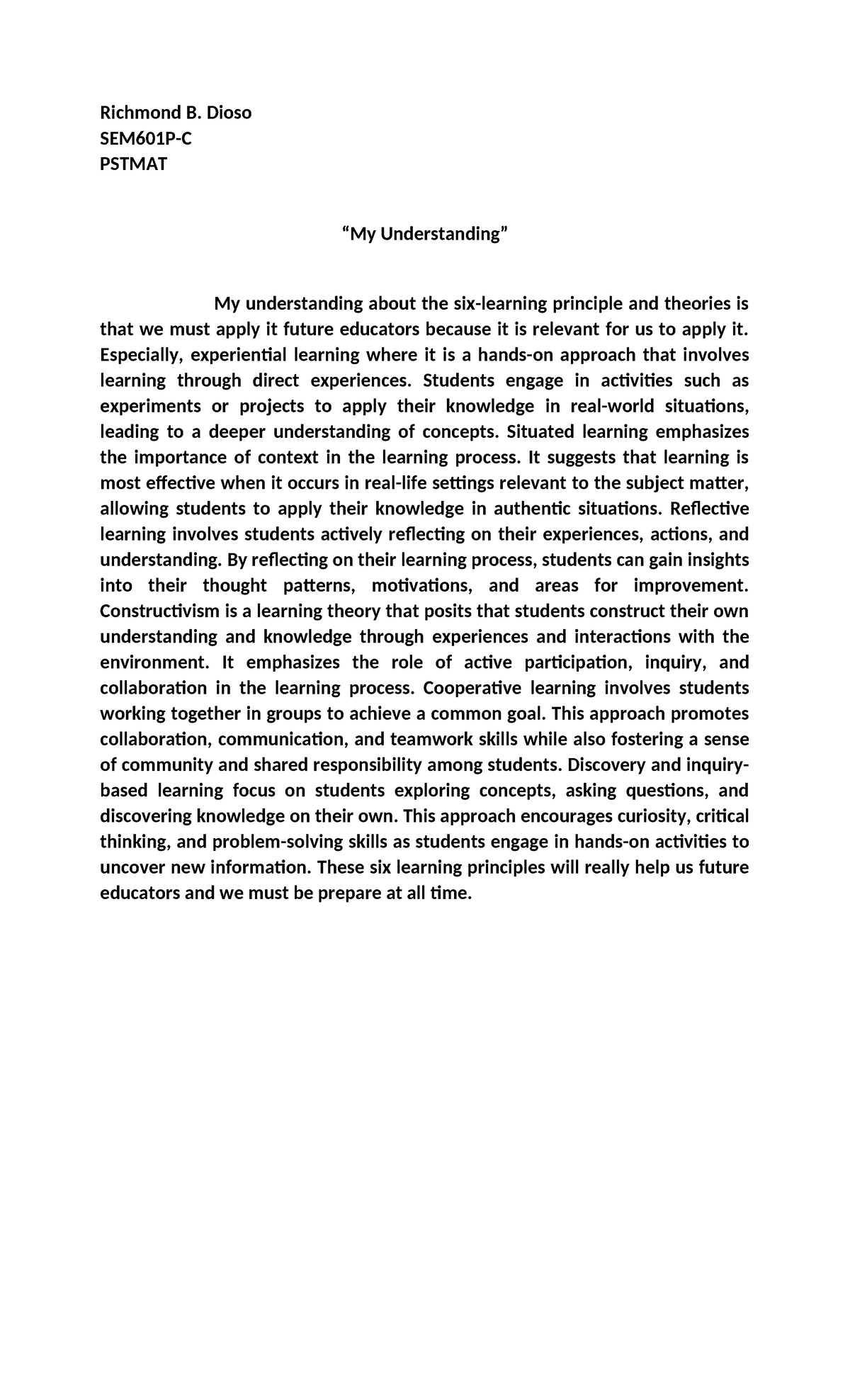 Understanding Six Learning Principles - SEM601P-C - Studocu