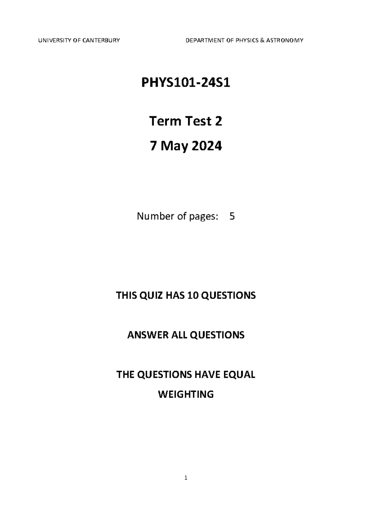 2024 S1 PHYS101 Term Test 2 Past Quiz With 10 Questions Studocu