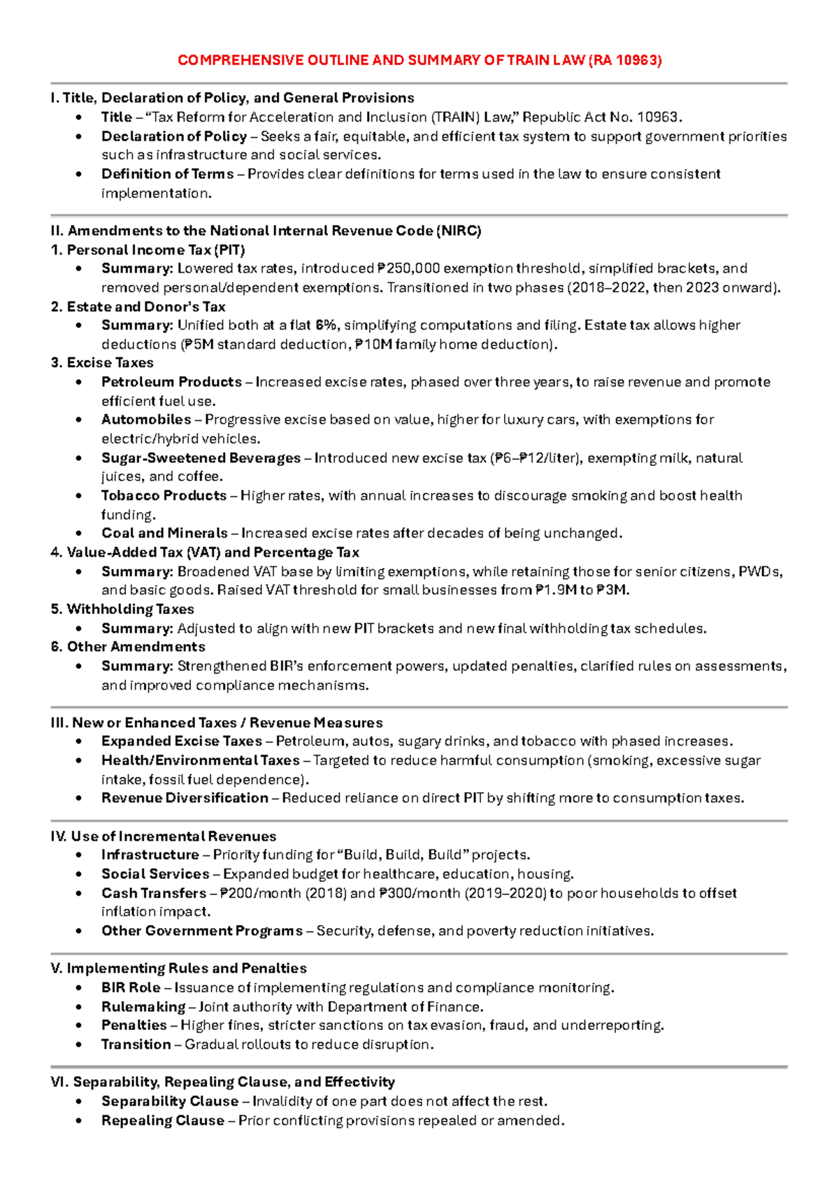 TRAIN Law (RA 10963) Comprehensive Summary & Key Amendments - Studocu
